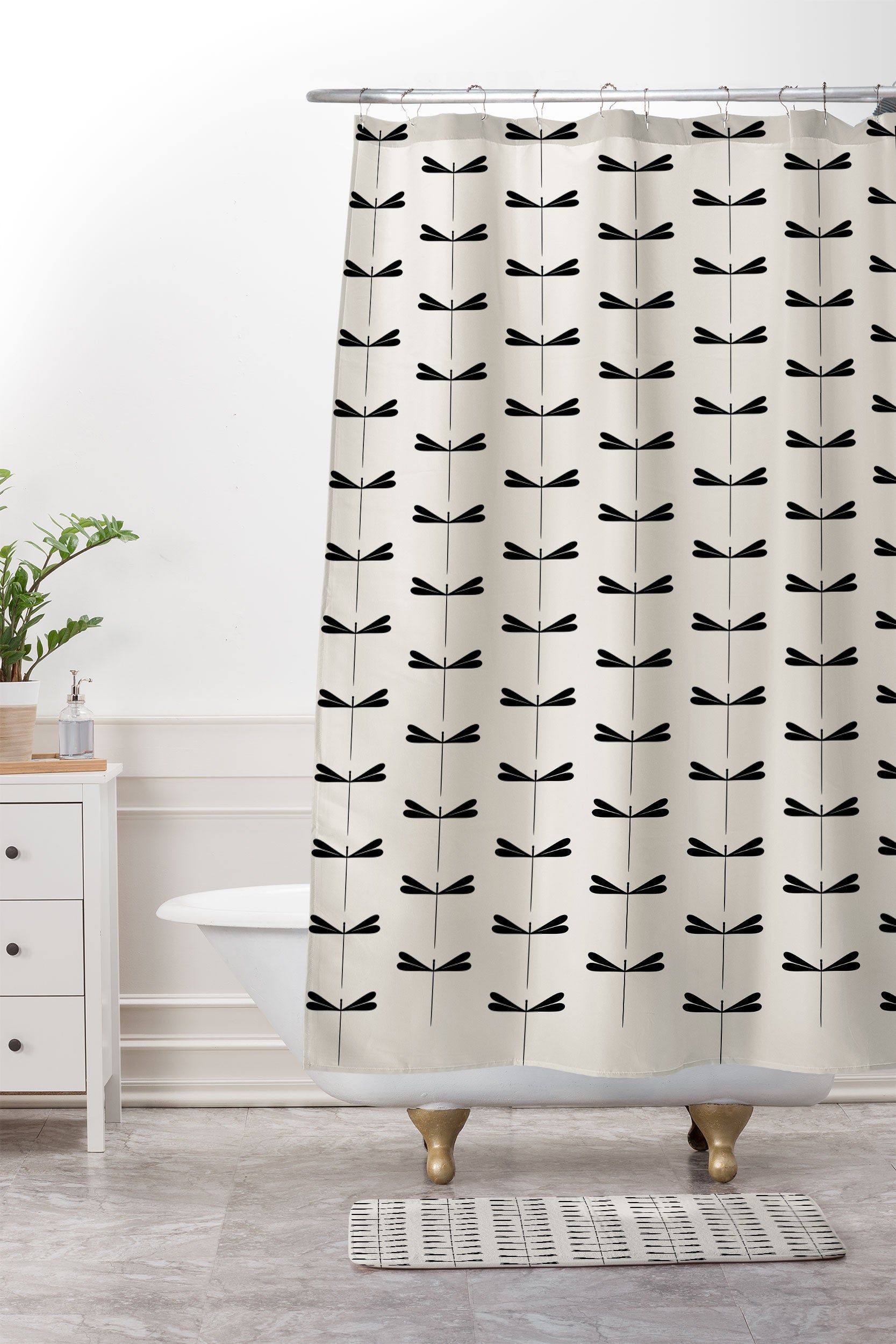 Colour Poems Dragonfly Pattern Black White Memory Foam Bath Mat