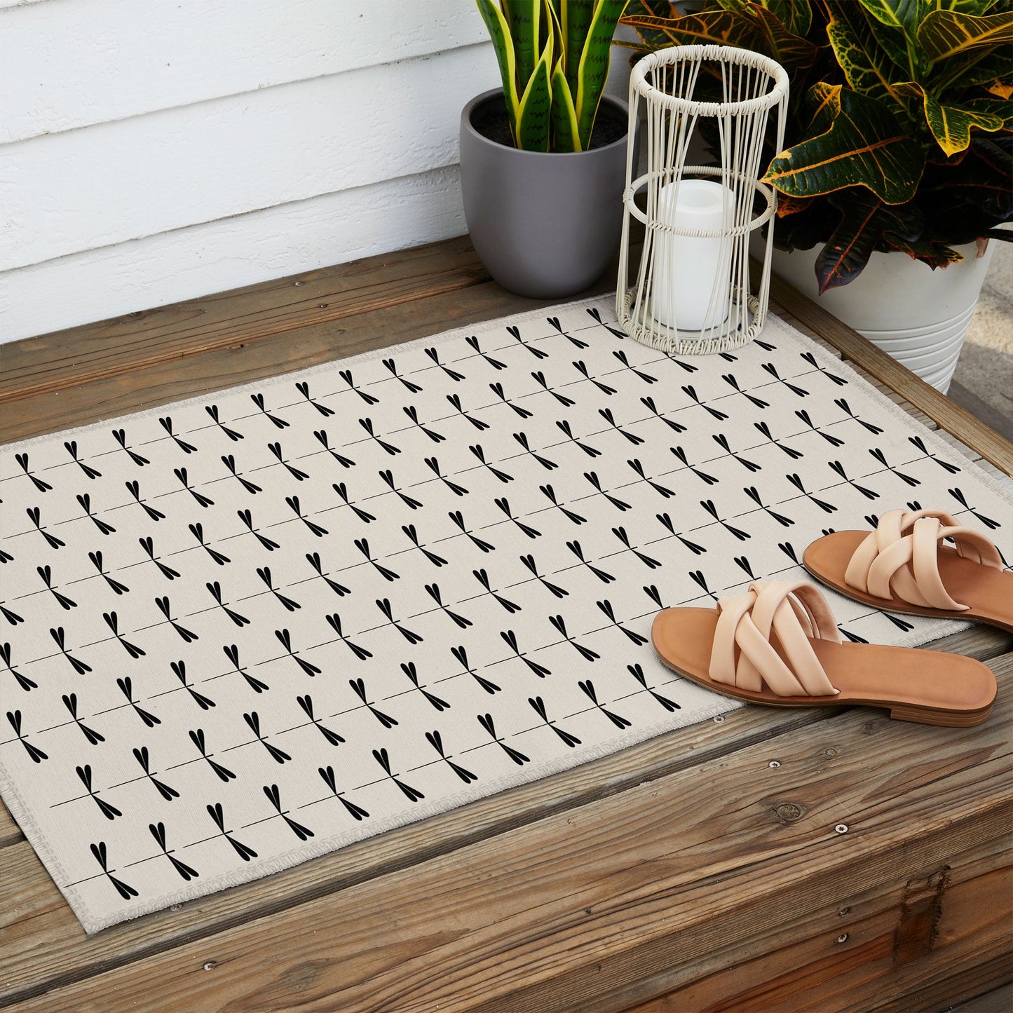 Colour Poems Dragonfly Pattern Black White Outdoor Rug