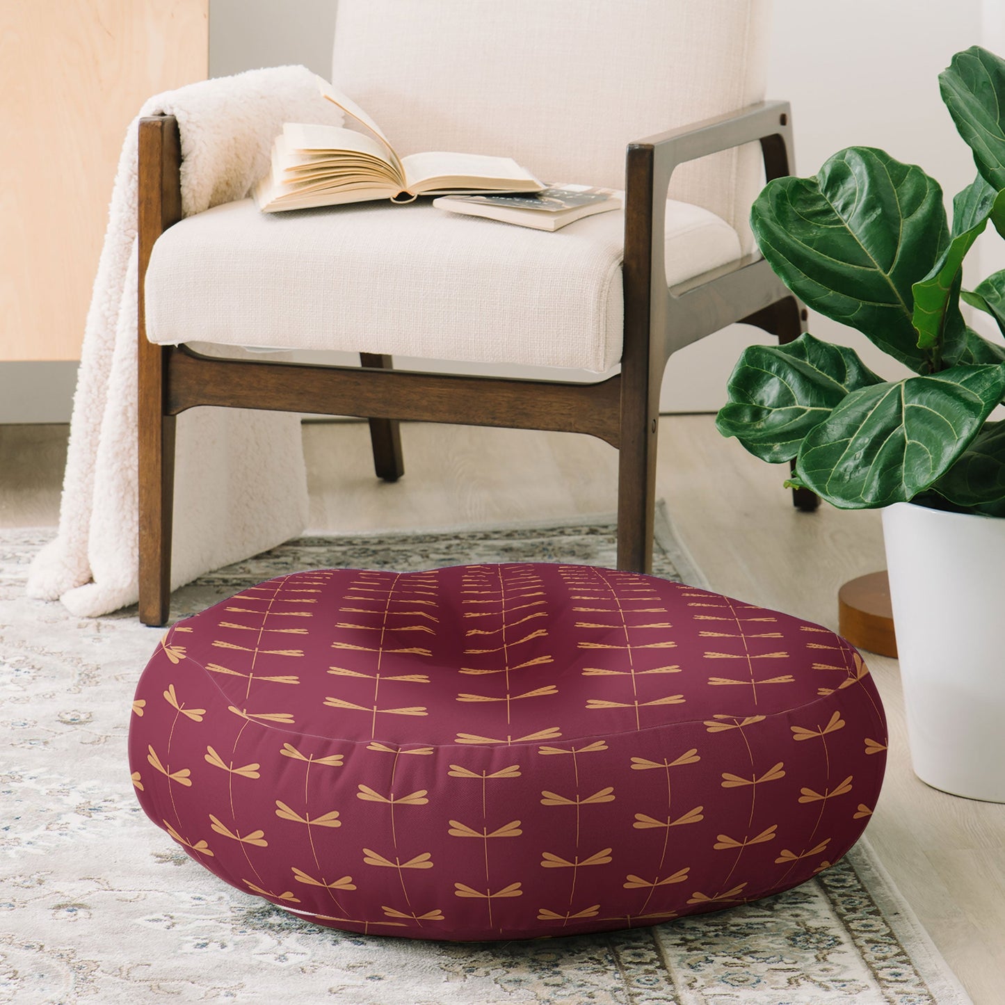 Colour Poems Dragonfly Pattern Mauve Floor Pillow Round