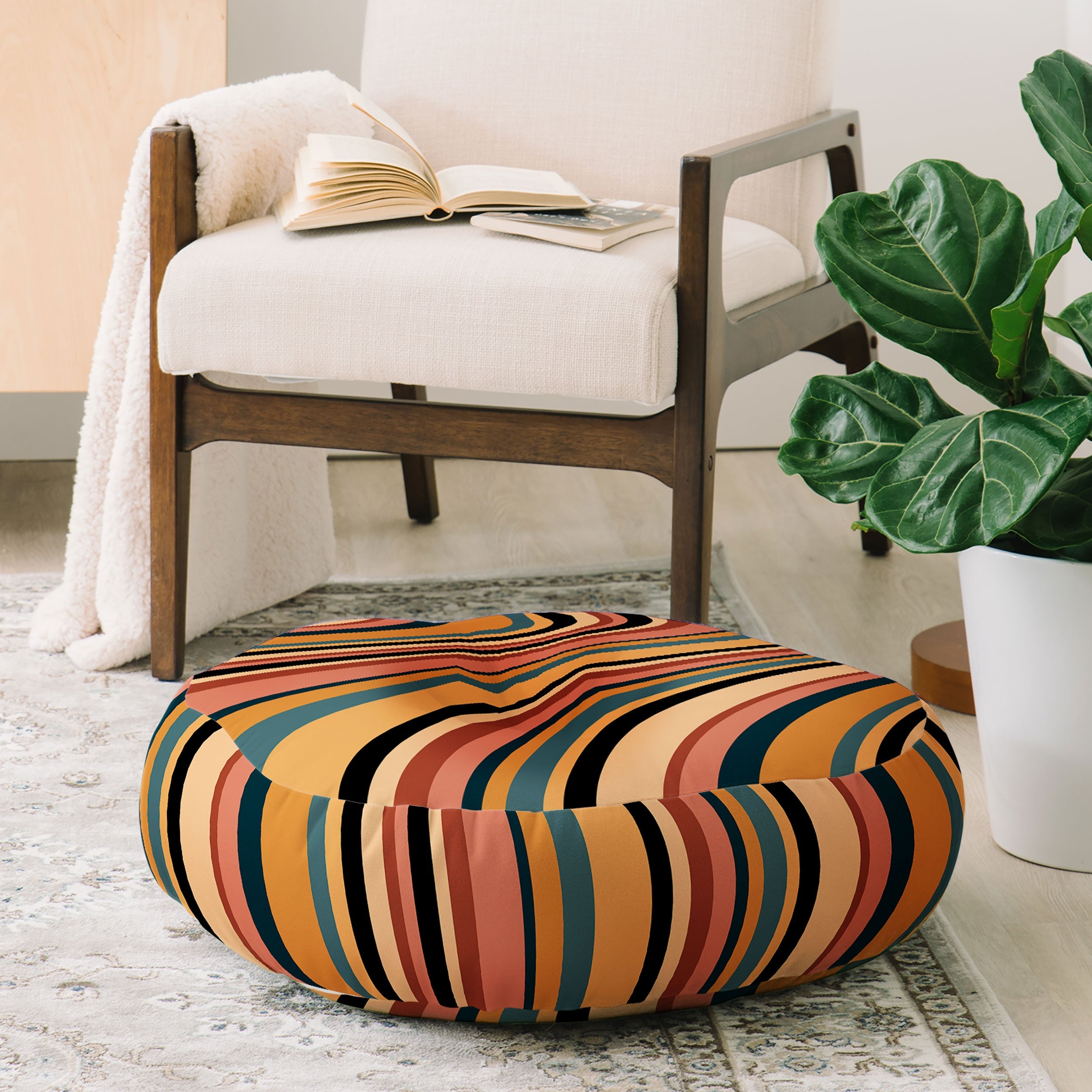 Colour Poems Wavy Retro Stripes I Floor Pillow Round