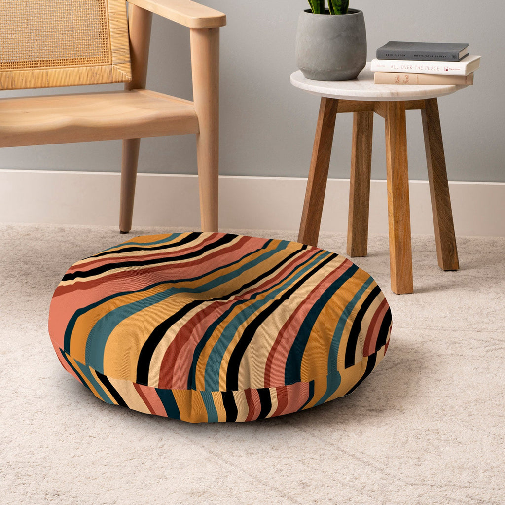 Colour Poems Wavy Retro Stripes I Floor Pillow Round