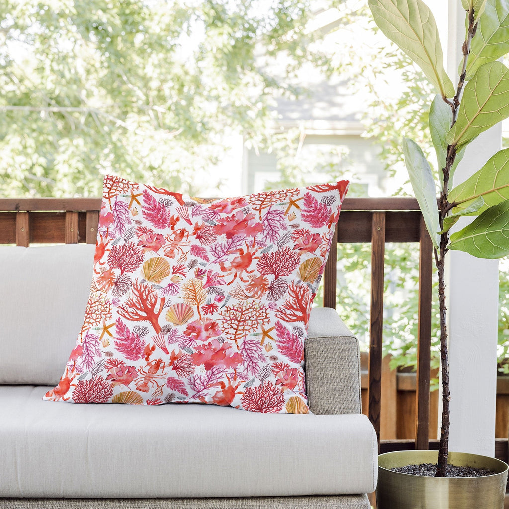 Ninola Design Botanic Retreat Coral Reef Crab Lobster Red Outdoor Throw Pillow