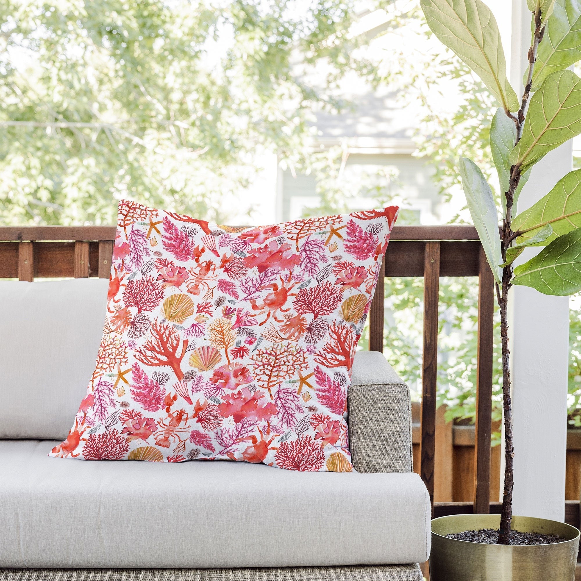 Ninola Design Botanic Retreat Coral Reef Crab Lobster Red Outdoor Throw Pillow