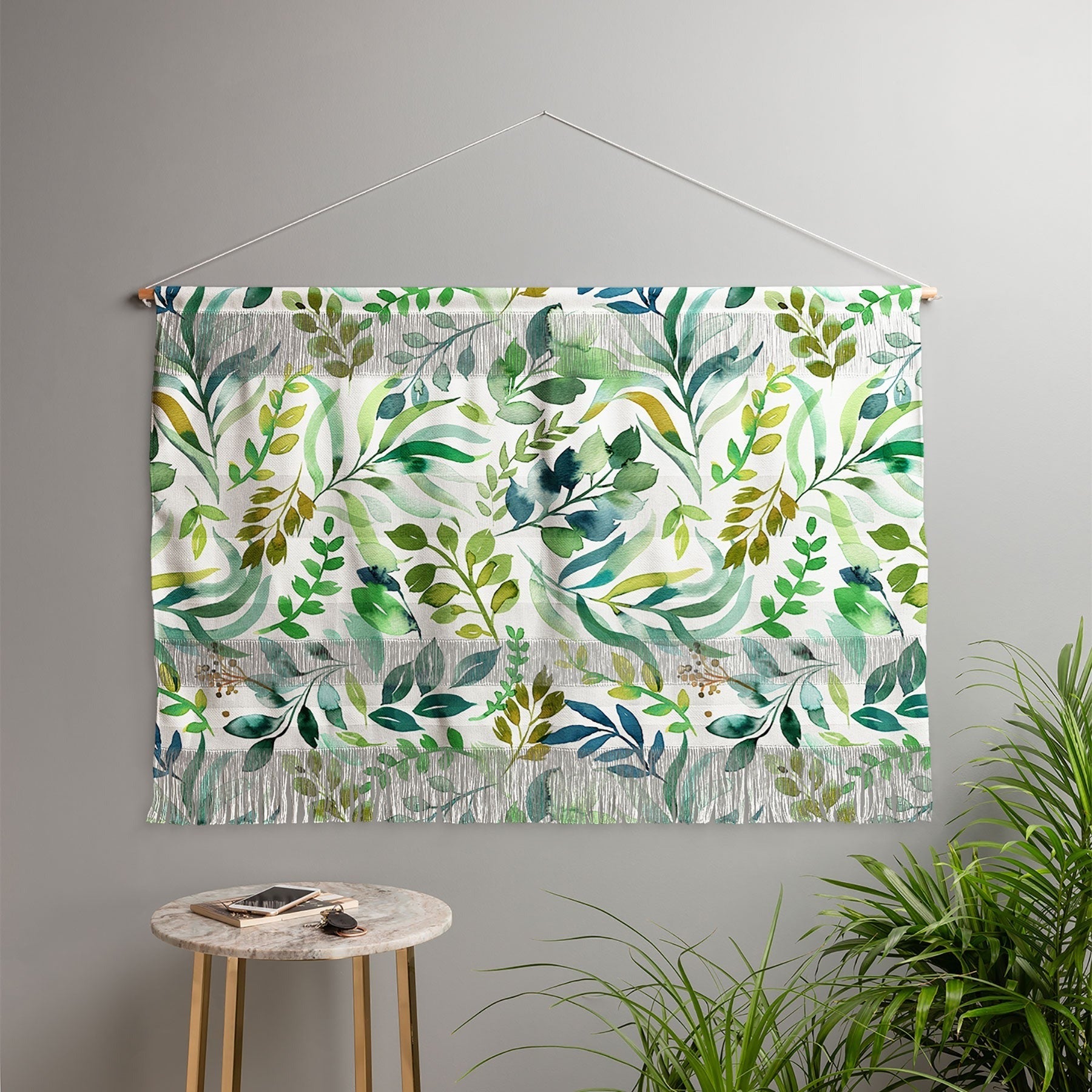 Ninola Design Botanic Retreat Loose Botanical Leaves Watercolor Green Wall Hanging Landscape