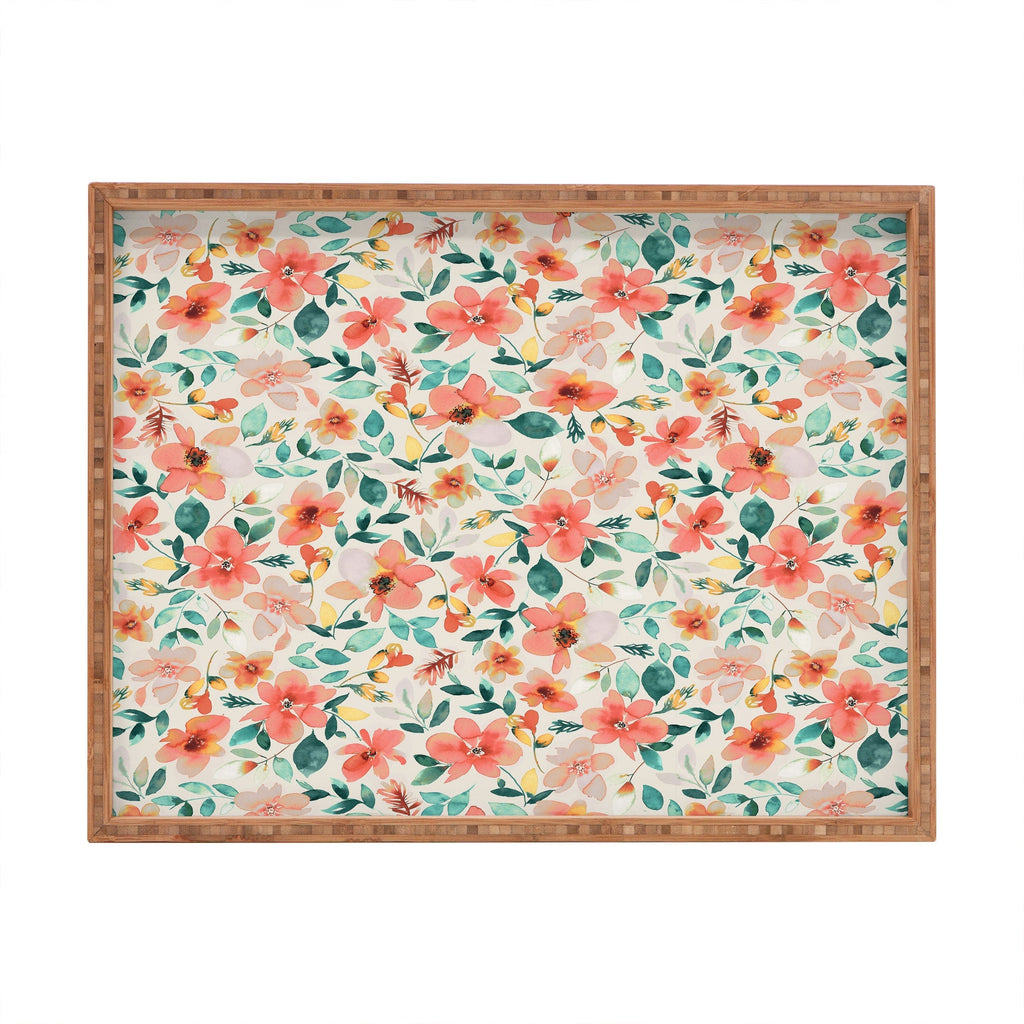 Ninola Design Botanic Retreat Tropical Whimsical Flowers Coral Green Rectangular Tray