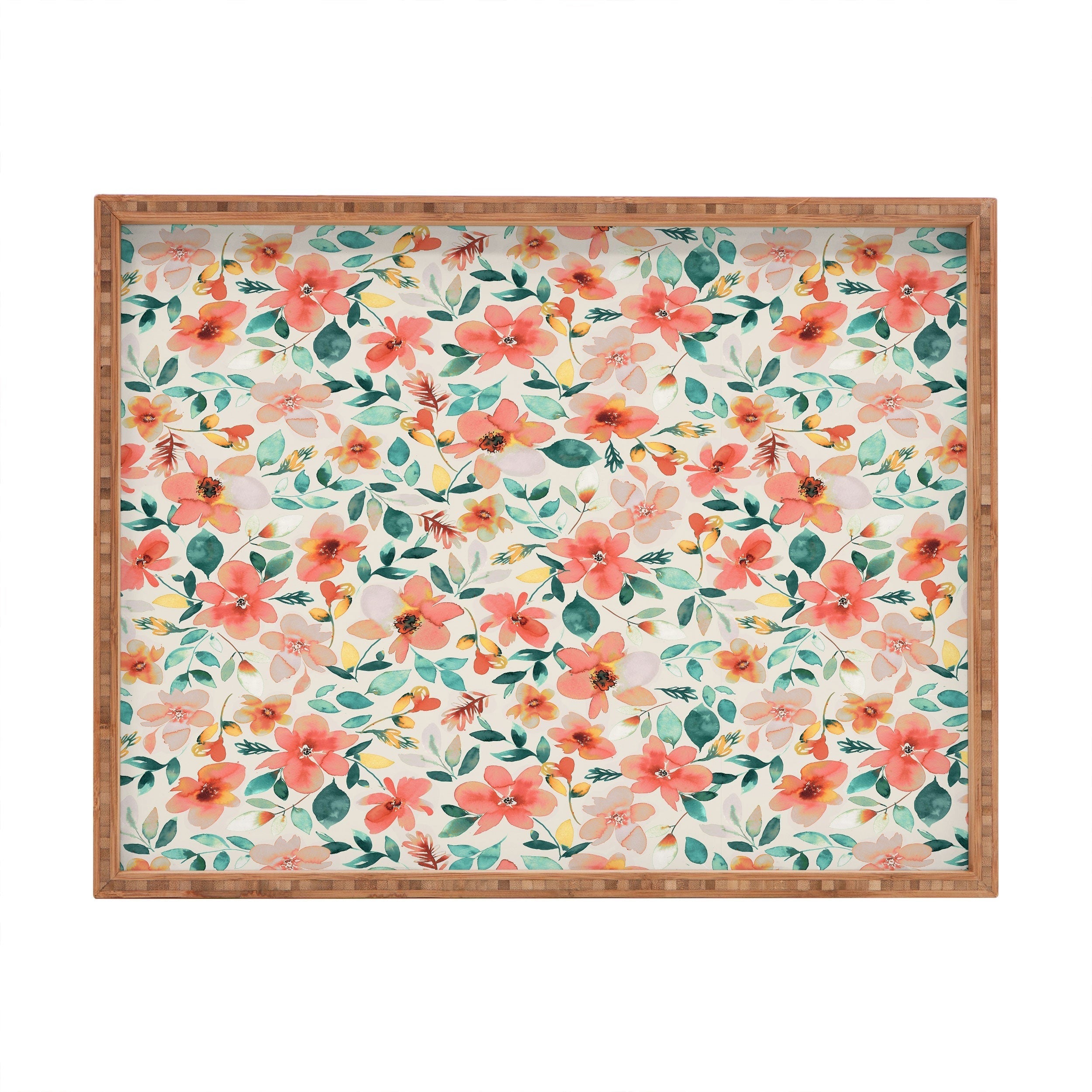 Ninola Design Botanic Retreat Tropical Whimsical Flowers Coral Green Rectangular Tray