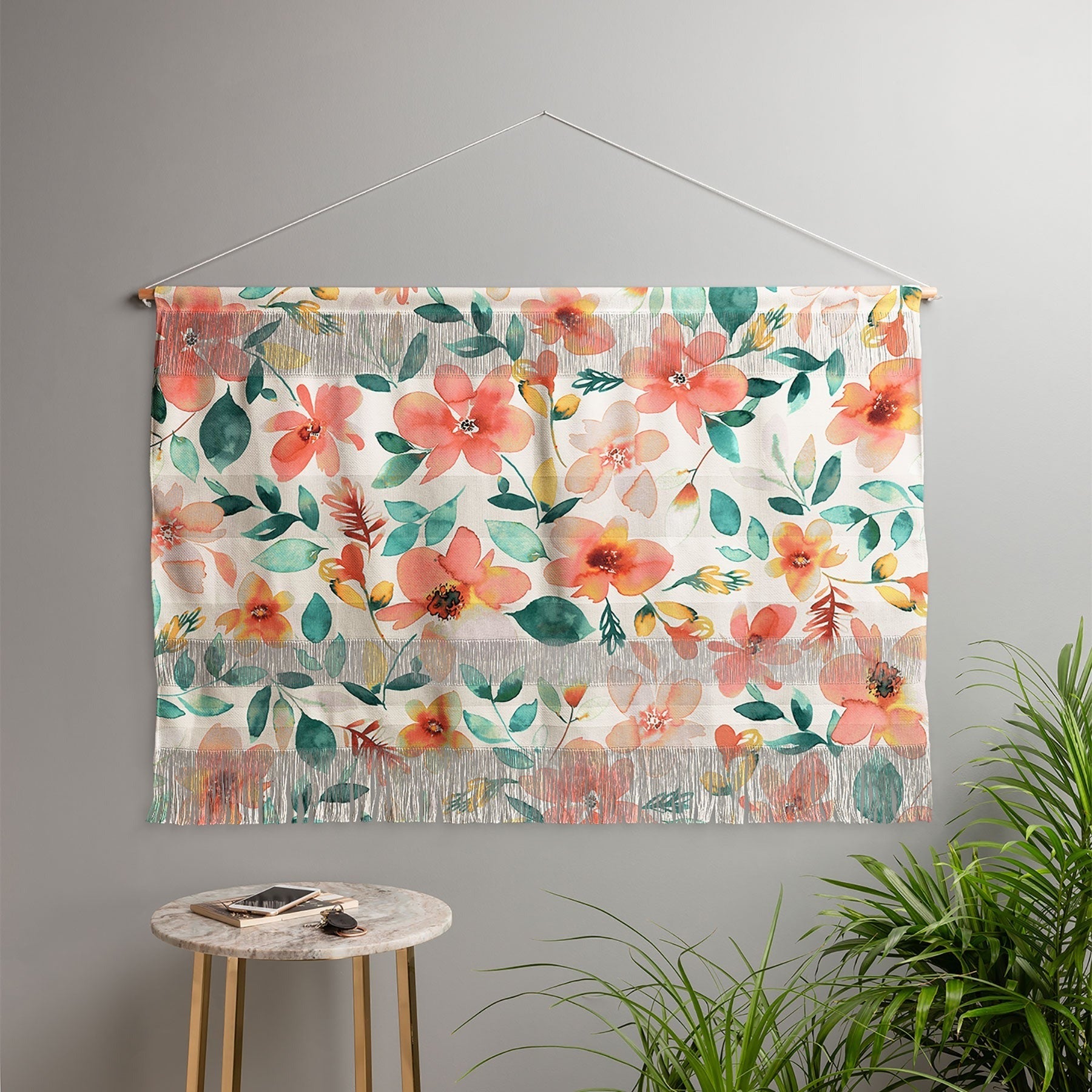Ninola Design Botanic Retreat Tropical Whimsical Flowers Coral Green Wall Hanging Landscape