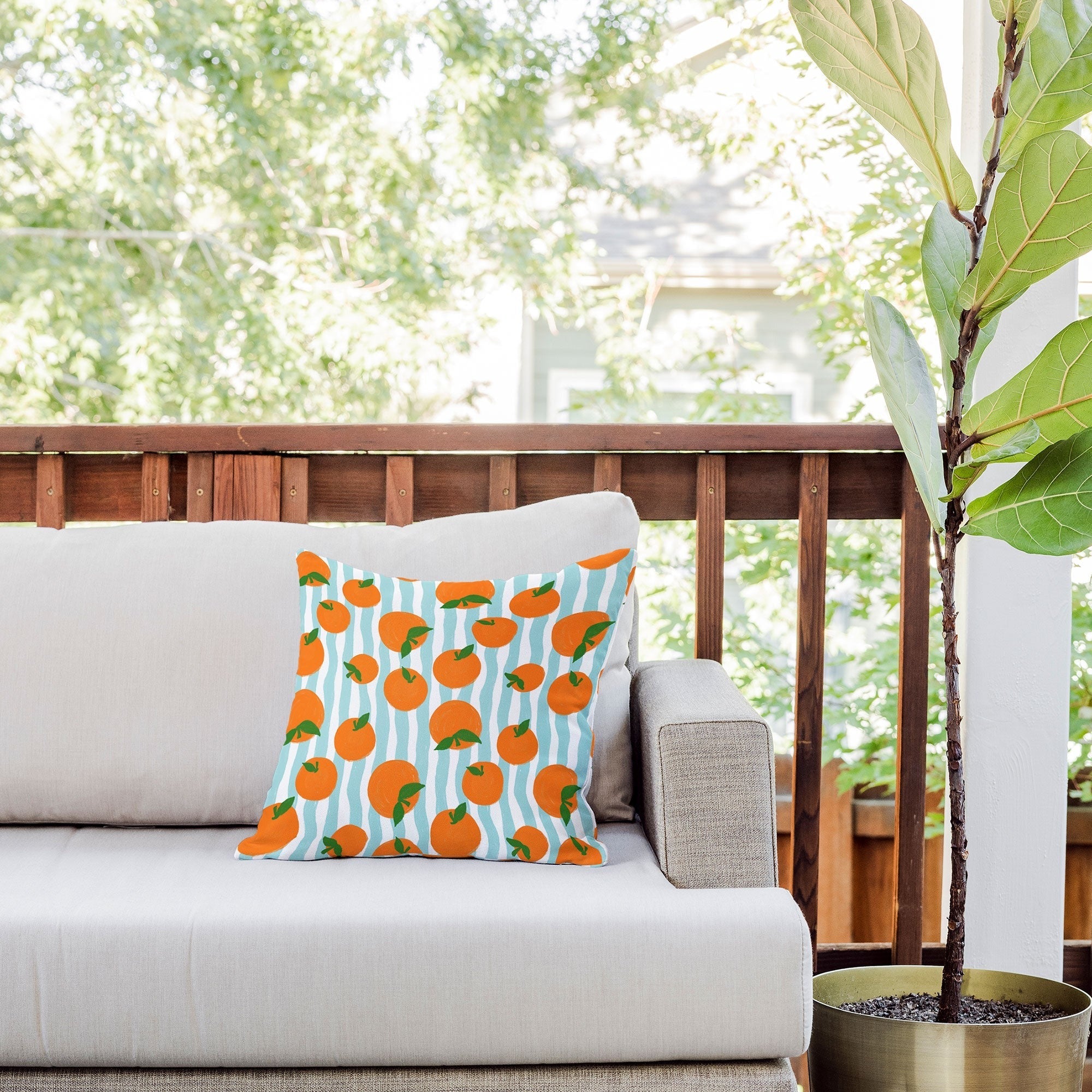 Design by Spark Zesty Oranges and Stripes Outdoor Throw Pillow