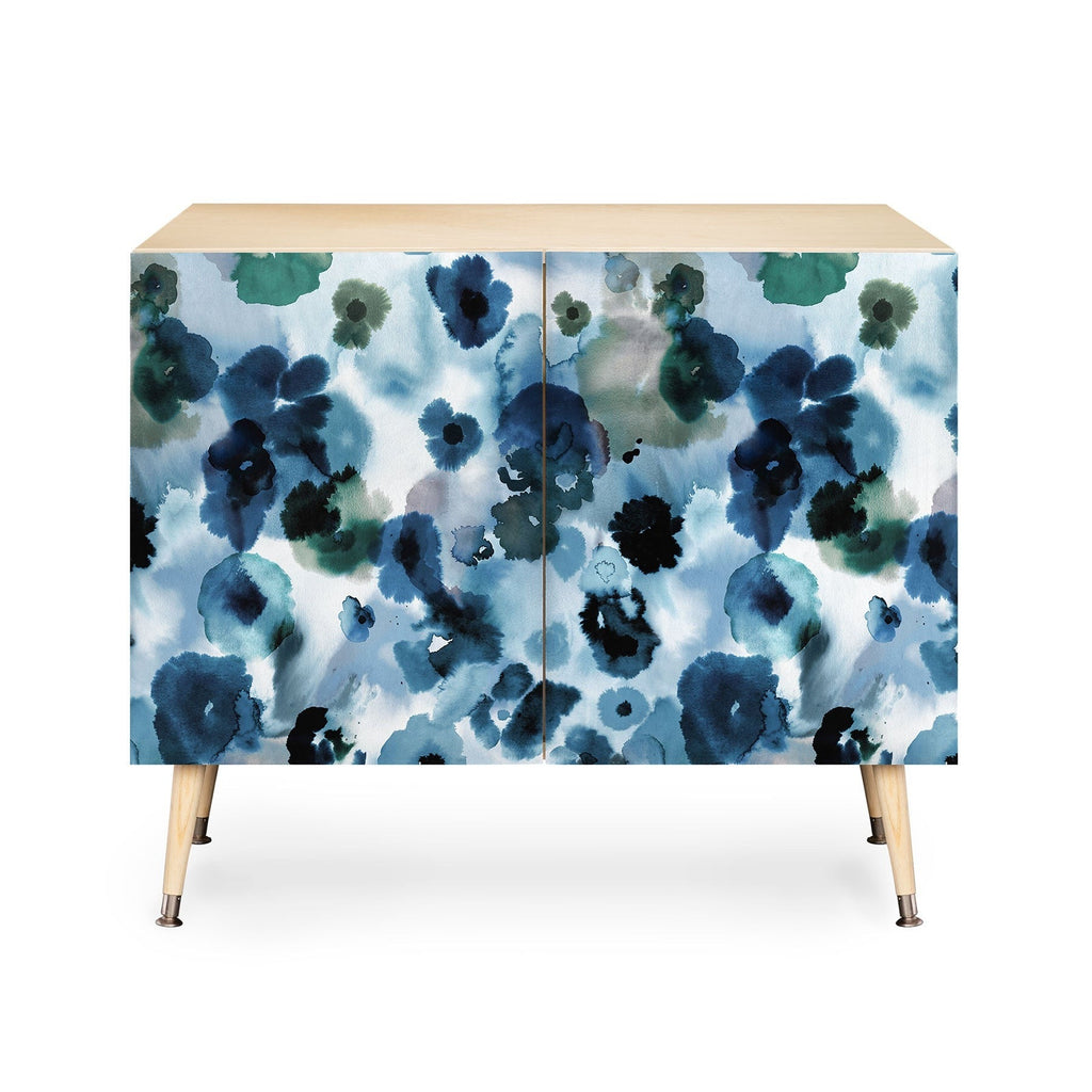 Ninola Design Botanic Retreat Ombre Abstract Watercolor Flowers Blue Navy Credenza