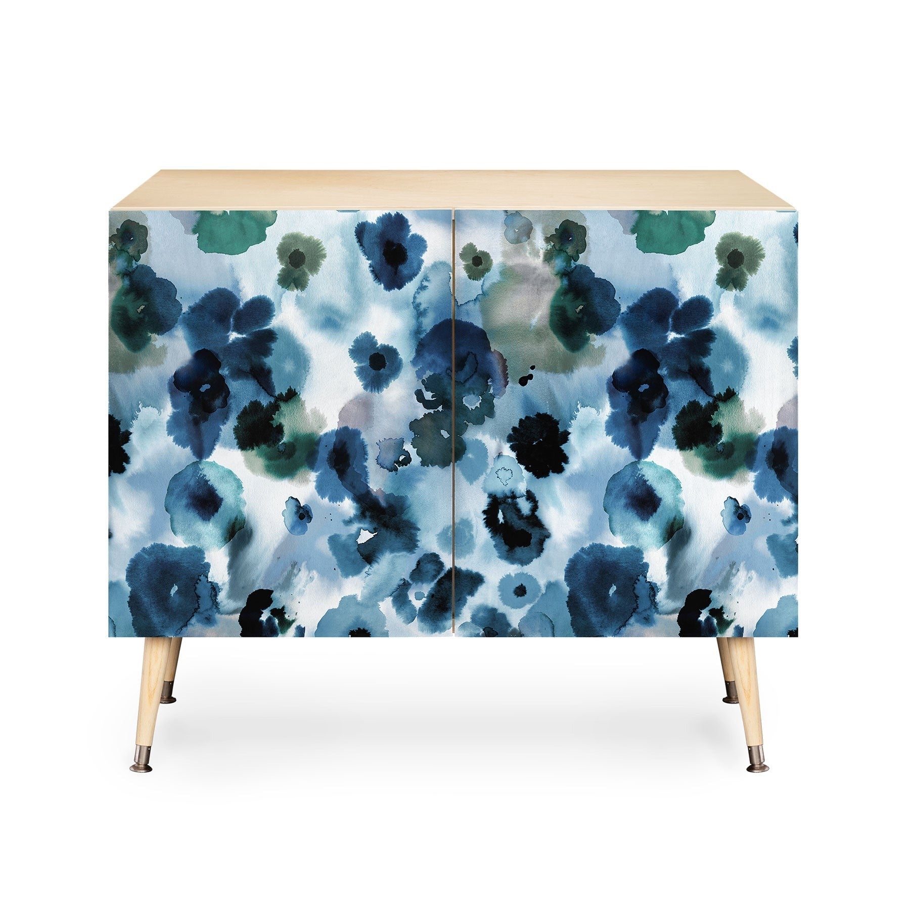 Ninola Design Botanic Retreat Ombre Abstract Watercolor Flowers Blue Navy Credenza