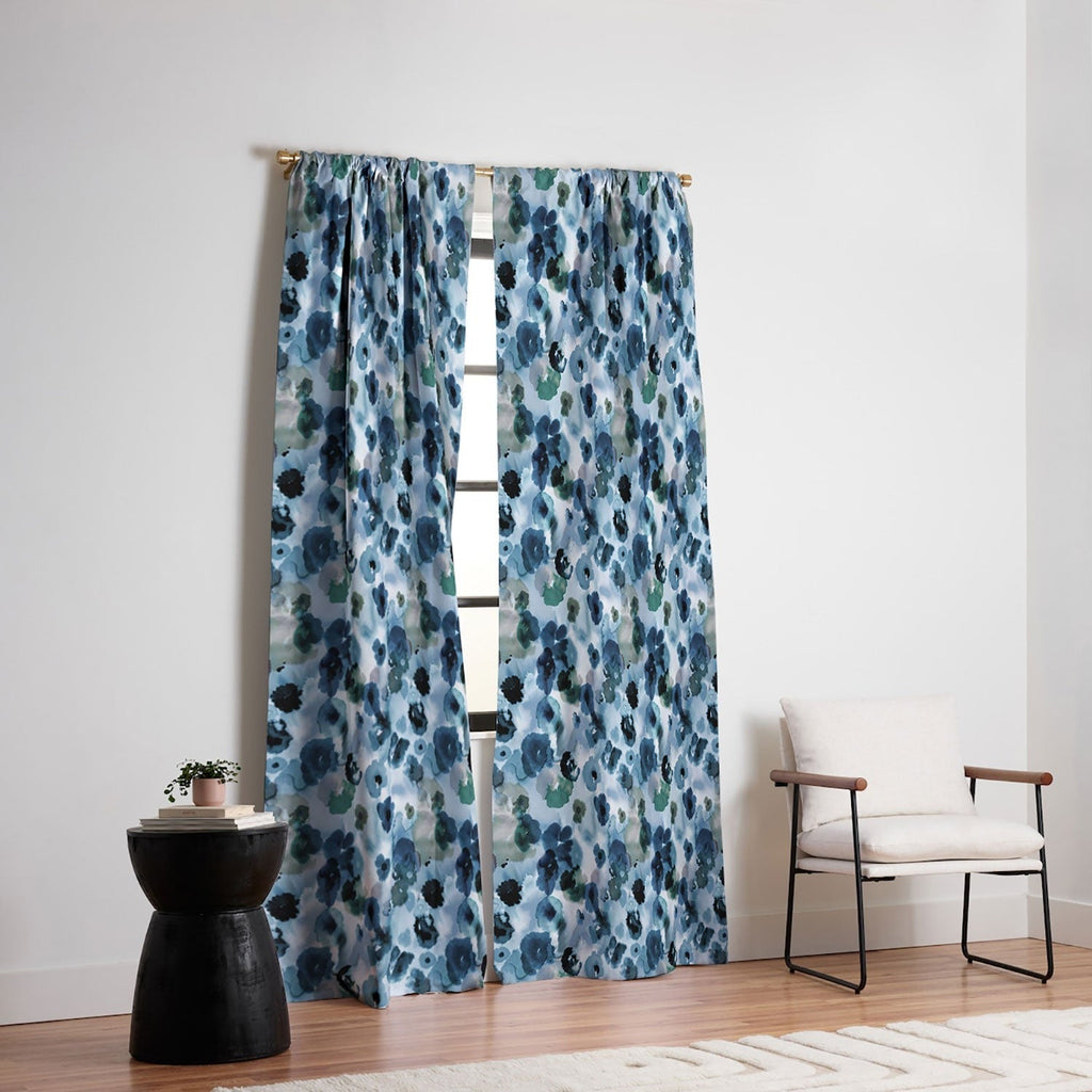 Ninola Design Botanic Retreat Ombre Abstract Watercolor Flowers Blue Navy Blackout Window Curtain