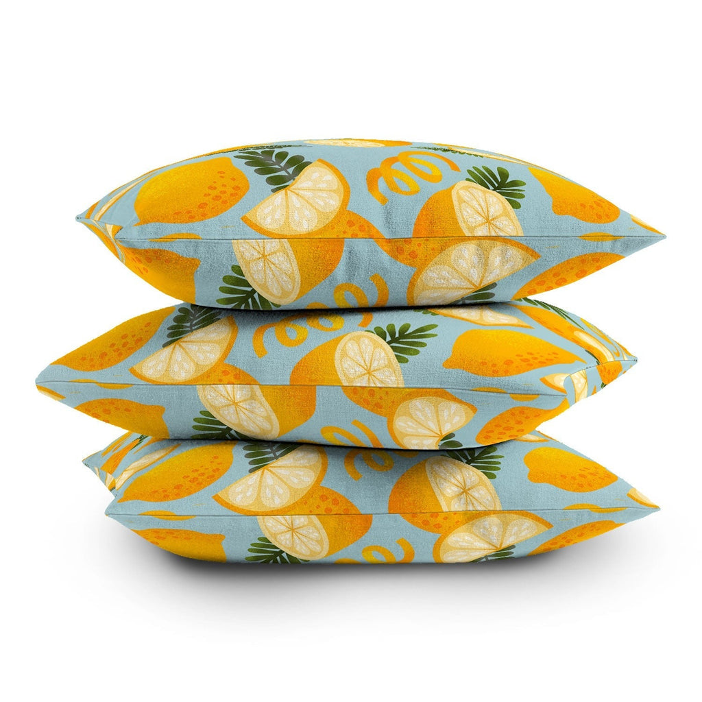Jessica Molina Lemon Pattern on Sky Blue Outdoor Throw Pillow