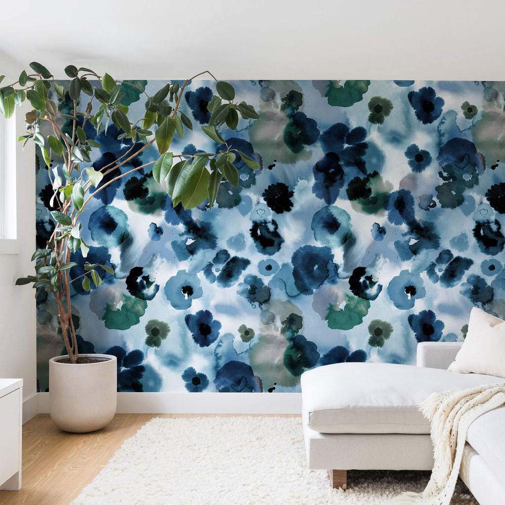 Ninola Design Botanic Retreat Ombre Abstract Watercolor Flowers Blue Navy Wall Mural