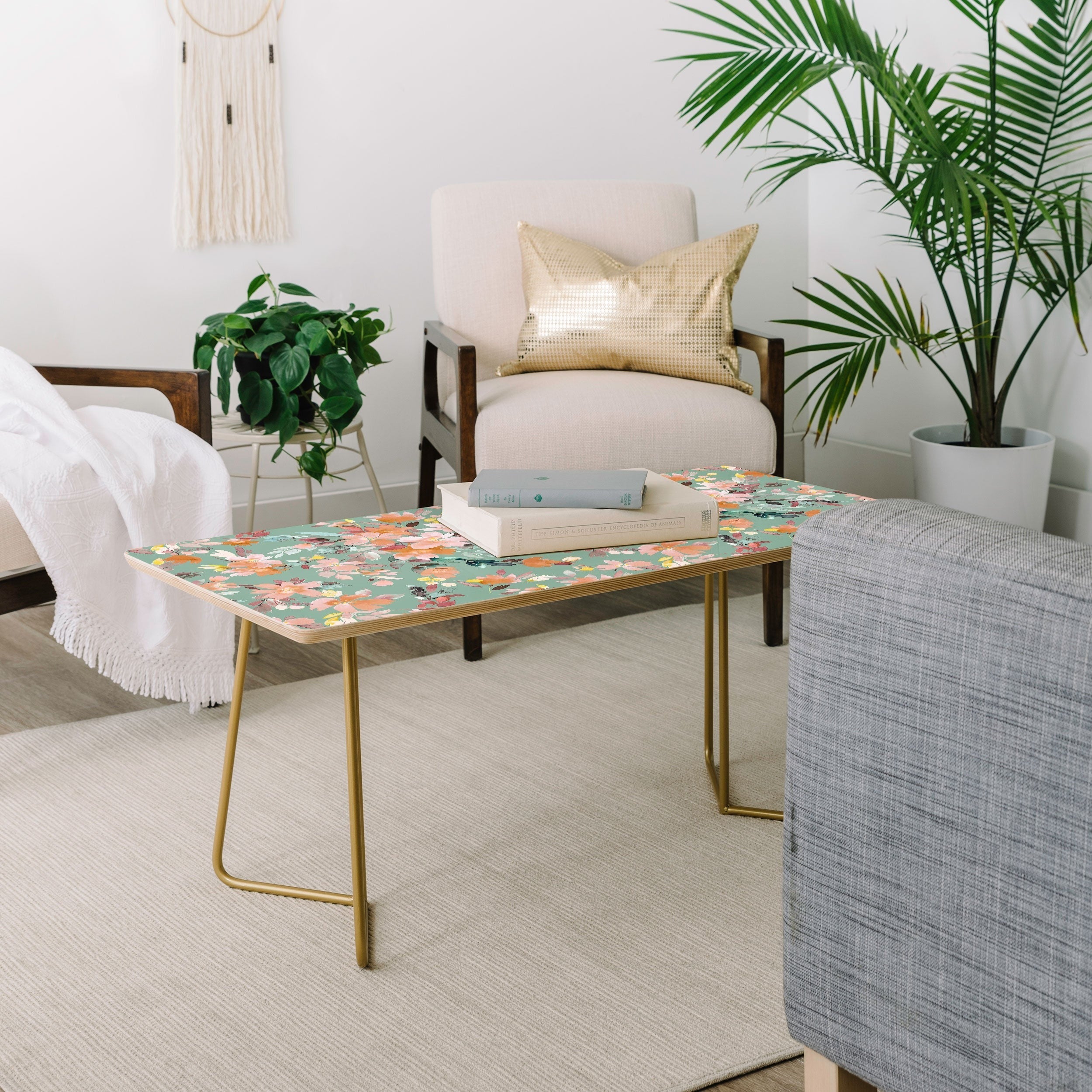 Ninola Design Botanic Retreat Floral Oleander Whimsical Teal Green Coffee Table