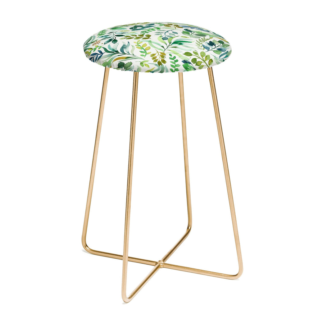 Ninola Design Botanic Retreat Loose Botanical Leaves Watercolor Green Counter Stool