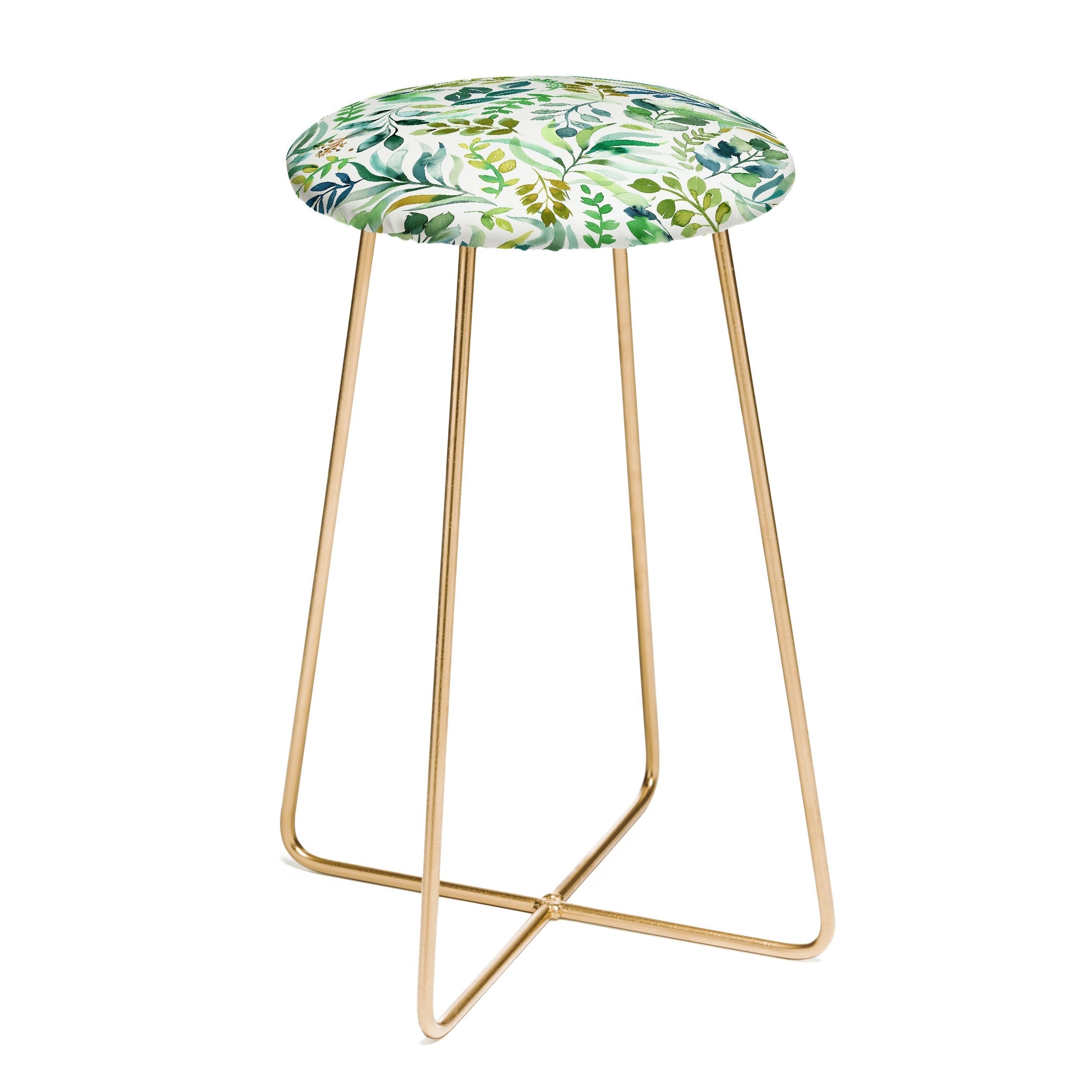 Ninola Design Botanic Retreat Loose Botanical Leaves Watercolor Green Counter Stool