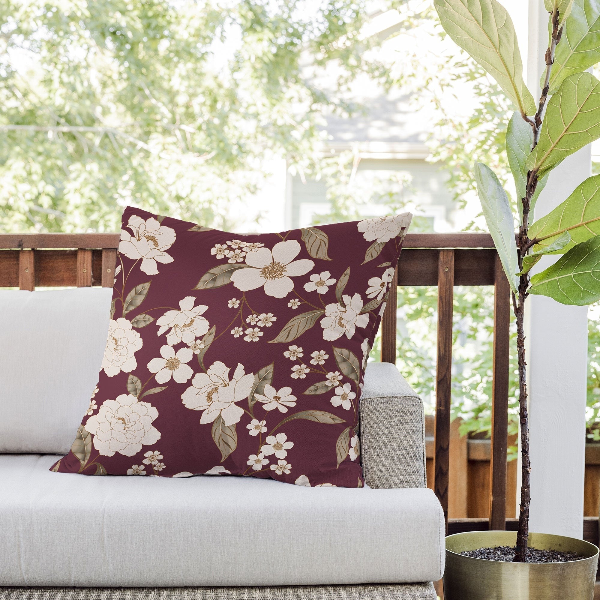 Gabriela Fuente Burgundy Floral Roberta Outdoor Throw Pillow