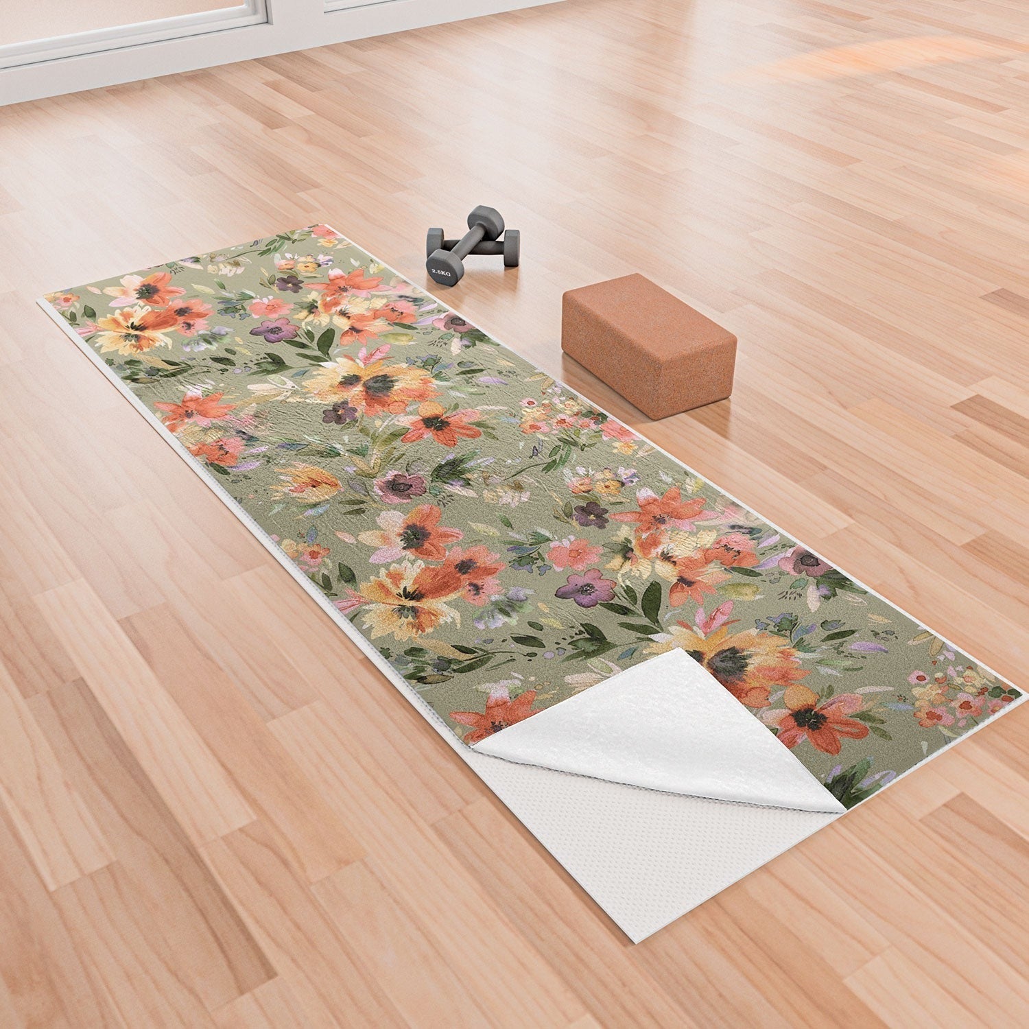 Ninola Design Botanic Retreat Painterly Tropical Flowers Sage Green Yoga Towel