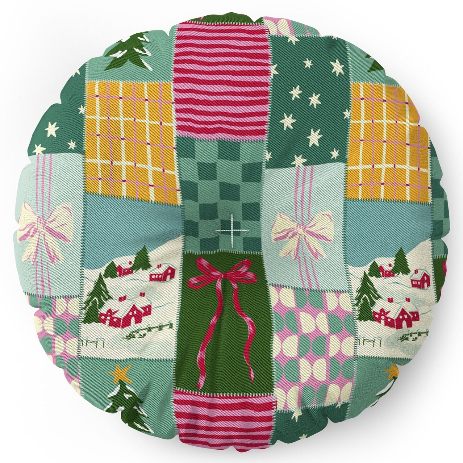 LouBruzzoni Cozy Christmas Patchwork Floor Pillow Round