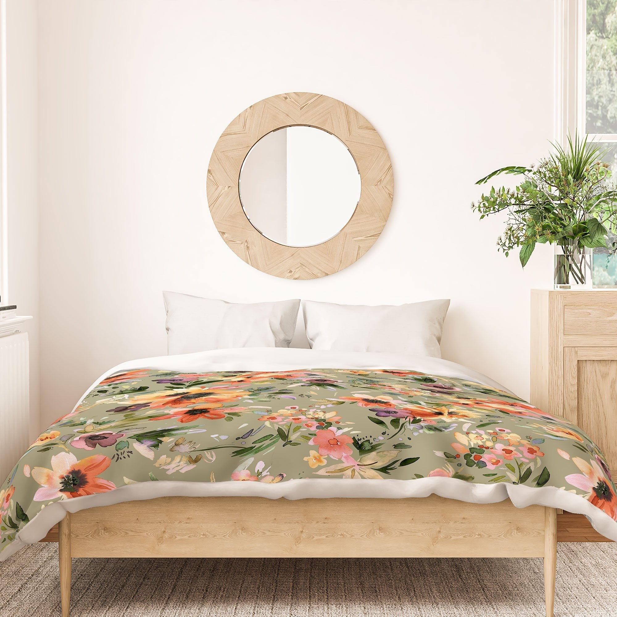 Ninola Design Botanic Retreat Floral Oleander Whimsical Teal Green Duvet Cover