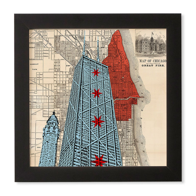 DarkIslandCity John Hancock Center With Great Fire Map Framed Wall Art