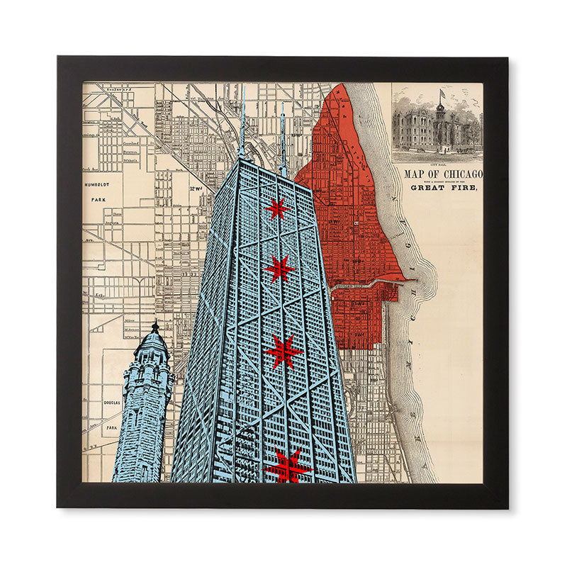 DarkIslandCity John Hancock Center With Great Fire Map Framed Wall Art