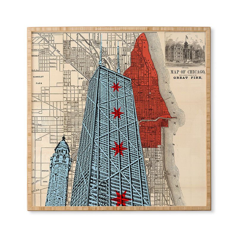 DarkIslandCity John Hancock Center With Great Fire Map Framed Wall Art