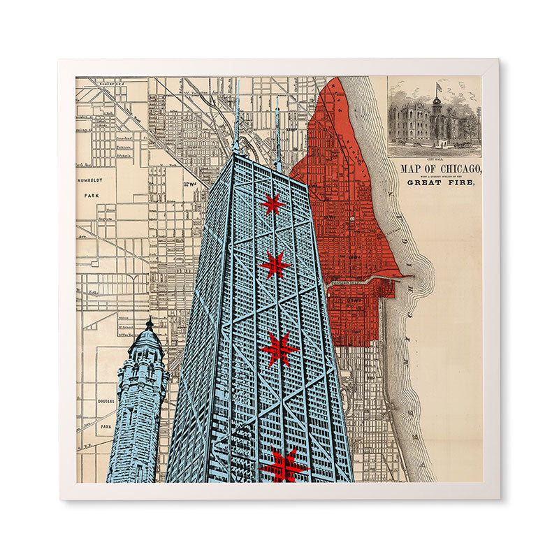 DarkIslandCity John Hancock Center With Great Fire Map Framed Wall Art