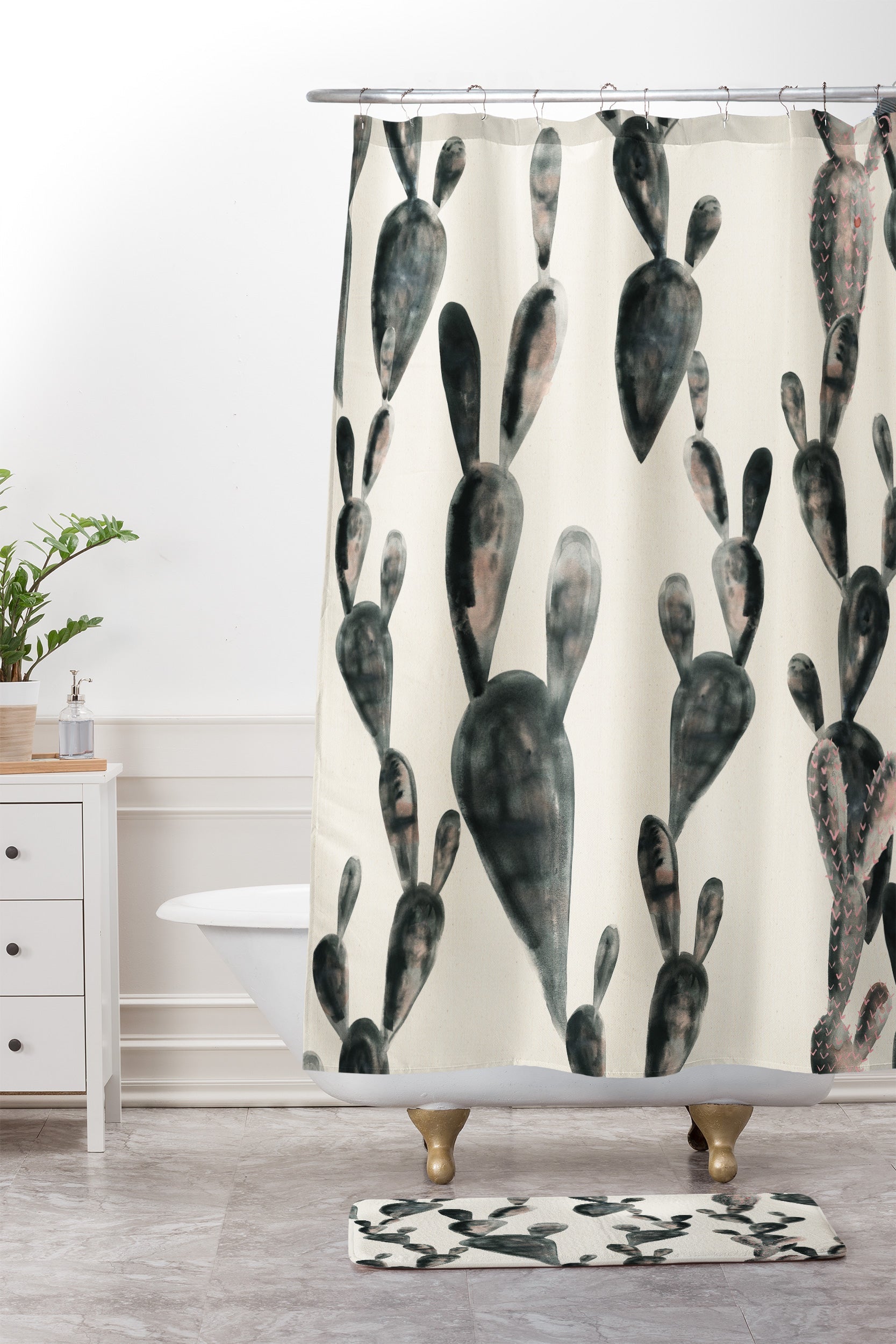 Dash and Ash Midnight Cacti Shower Curtain And Mat