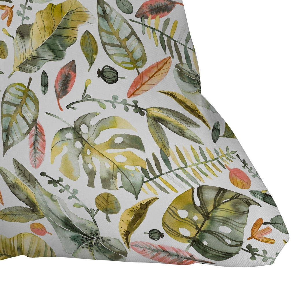 Ninola Design Botanic Retreat Tropical Jungle Leaves Botanical Green Orange Outdoor Throw Pillow