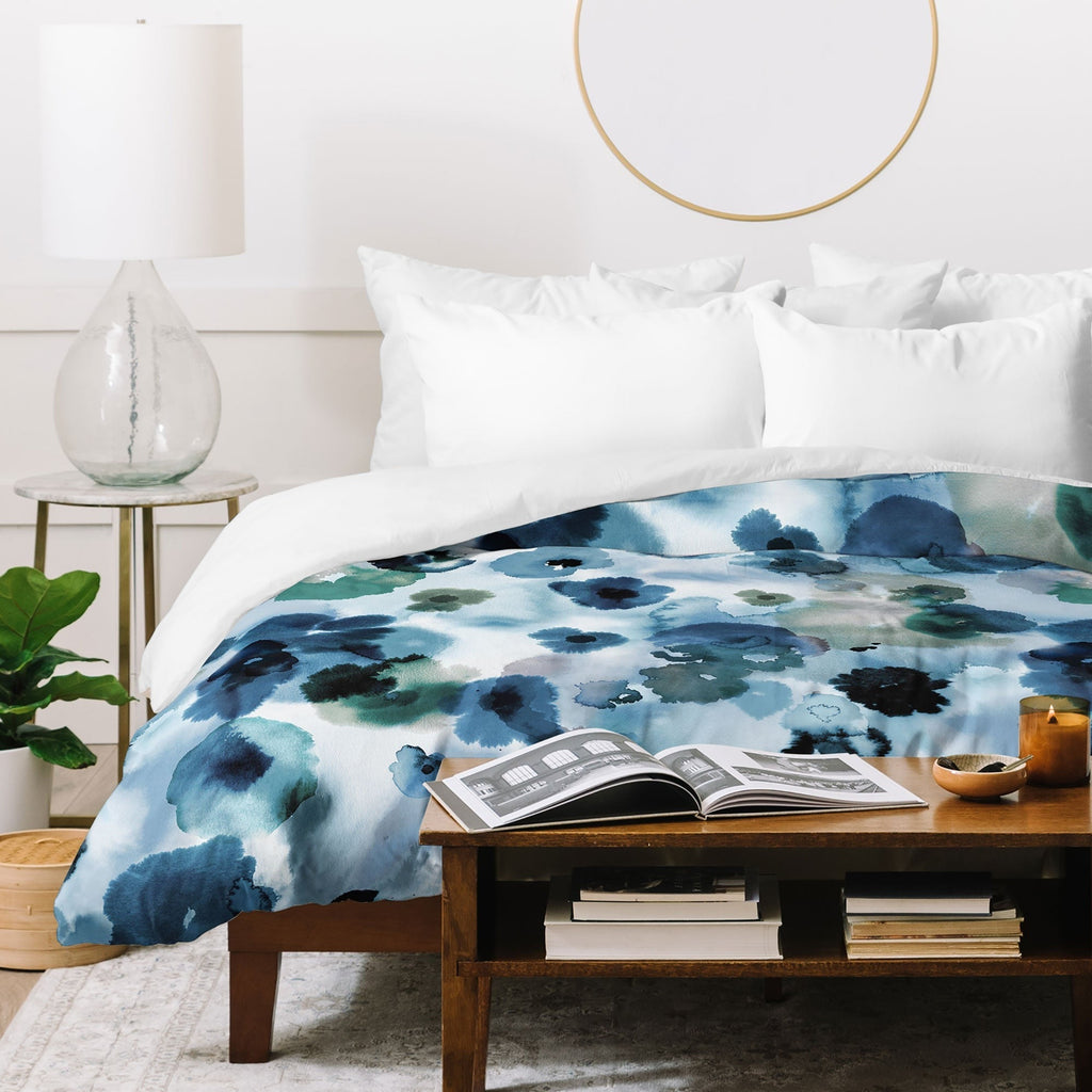 Ninola Design Botanic Retreat Ombre Abstract Watercolor Flowers Blue Navy Duvet Cover