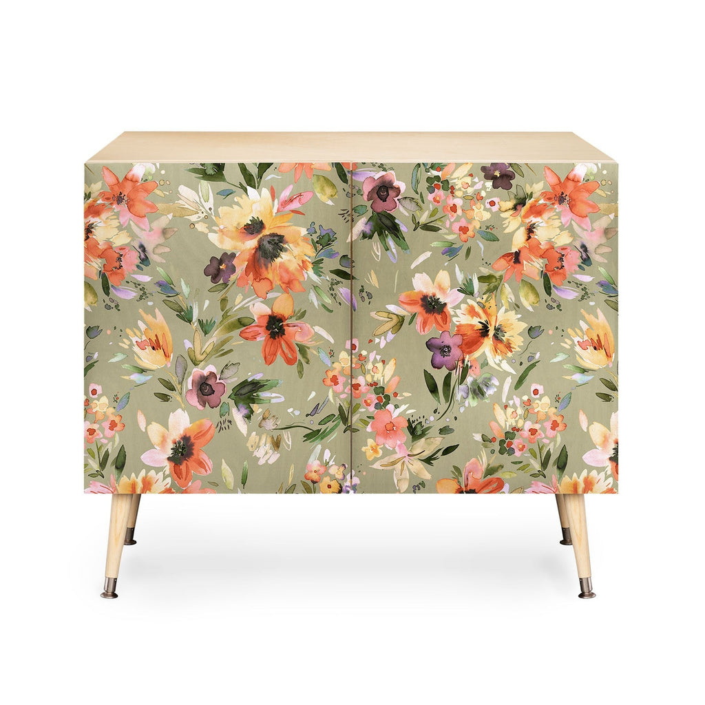 Ninola Design Botanic Retreat Painterly Tropical Flowers Sage Green Credenza