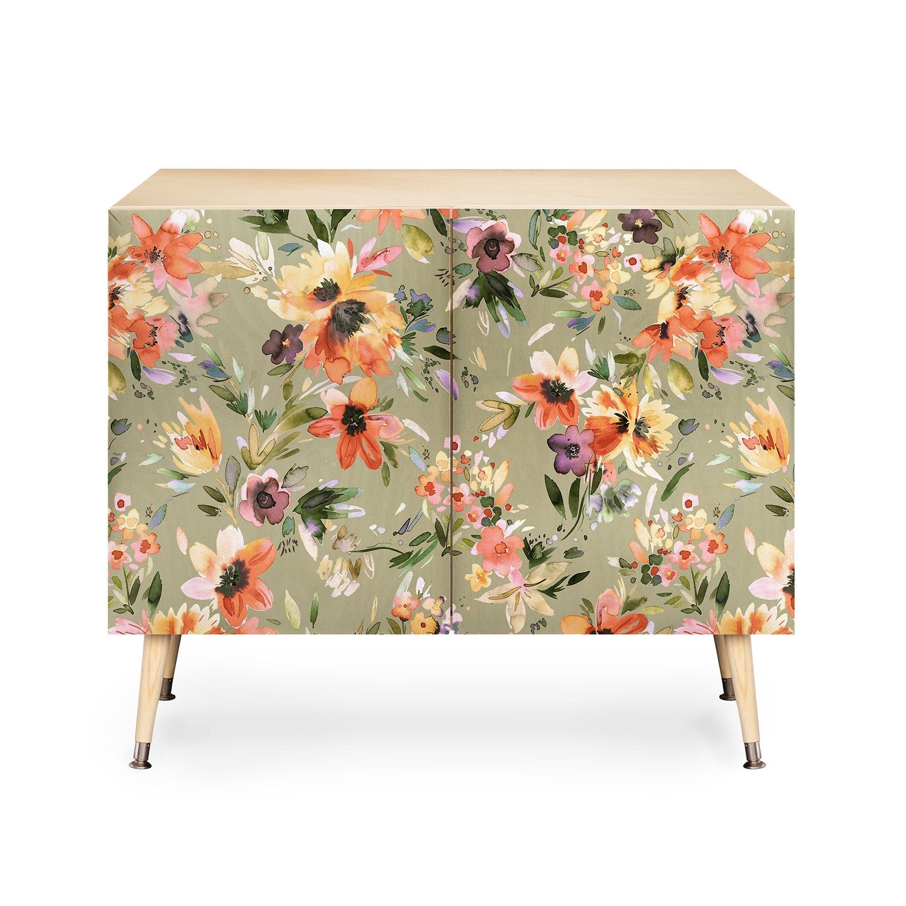 Ninola Design Botanic Retreat Painterly Tropical Flowers Sage Green Credenza