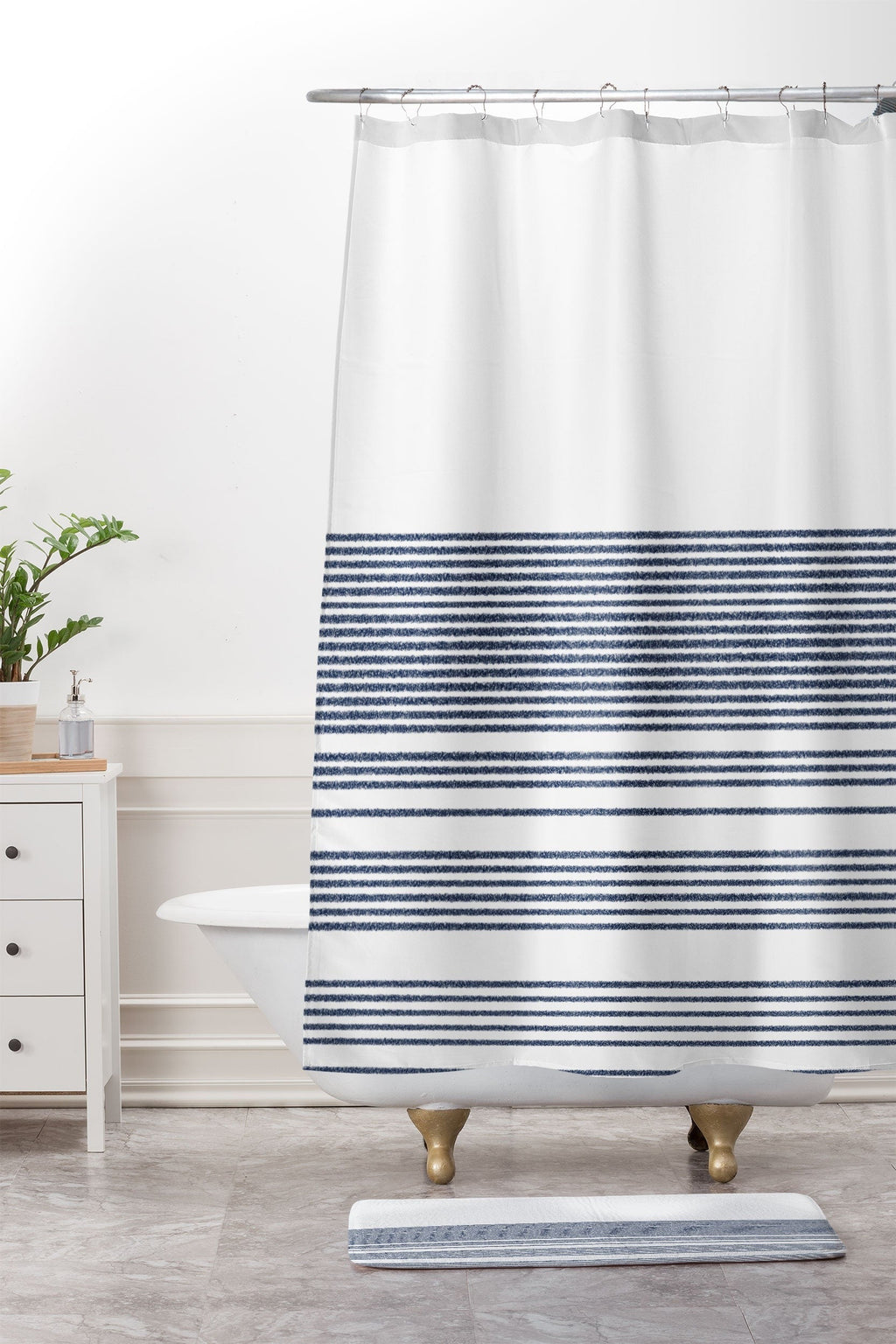 Kierkegaard Design Studio organic stripes naut navy blue and white Memory Foam Bath Mat