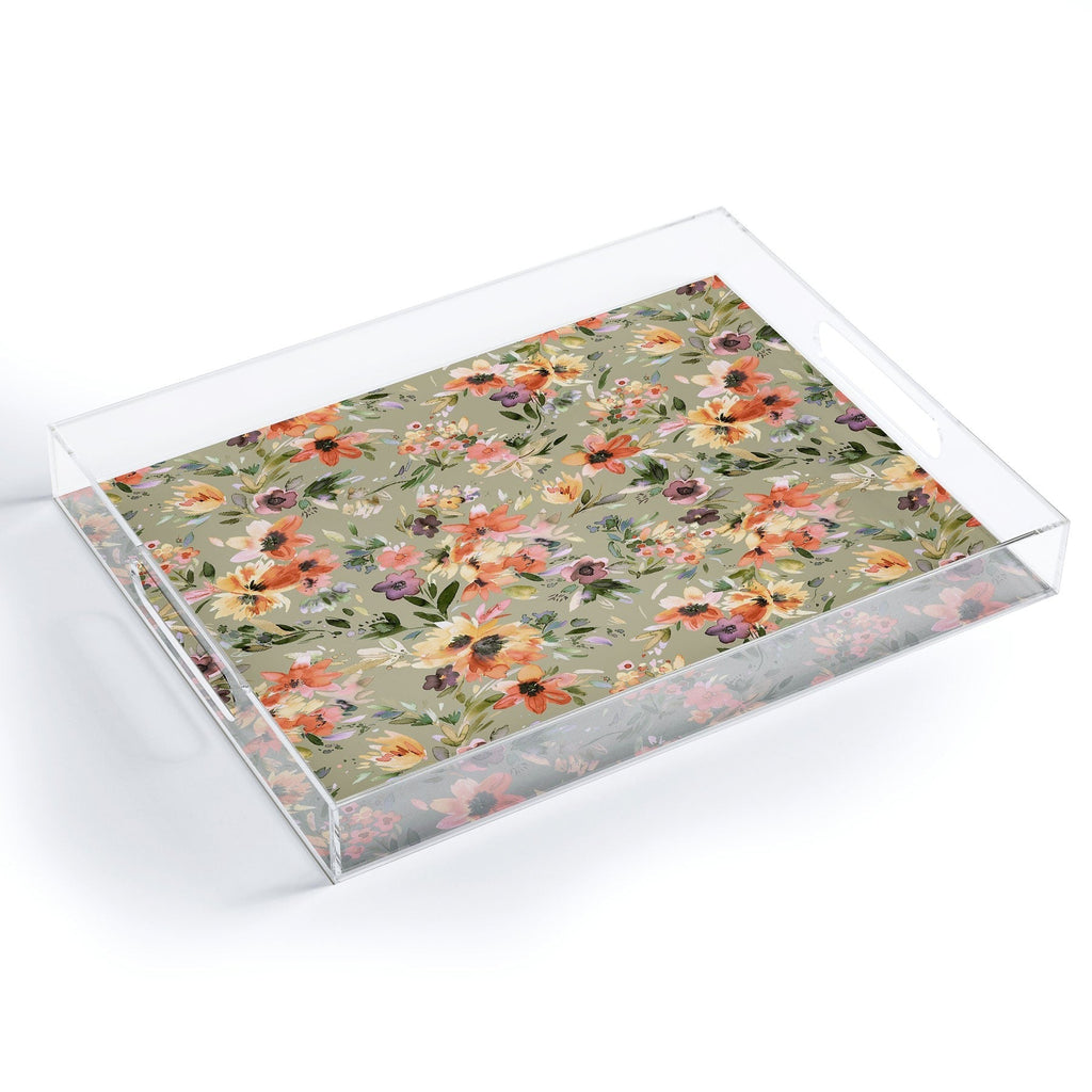 Ninola Design Botanic Retreat Painterly Tropical Flowers Sage Green Acrylic Tray