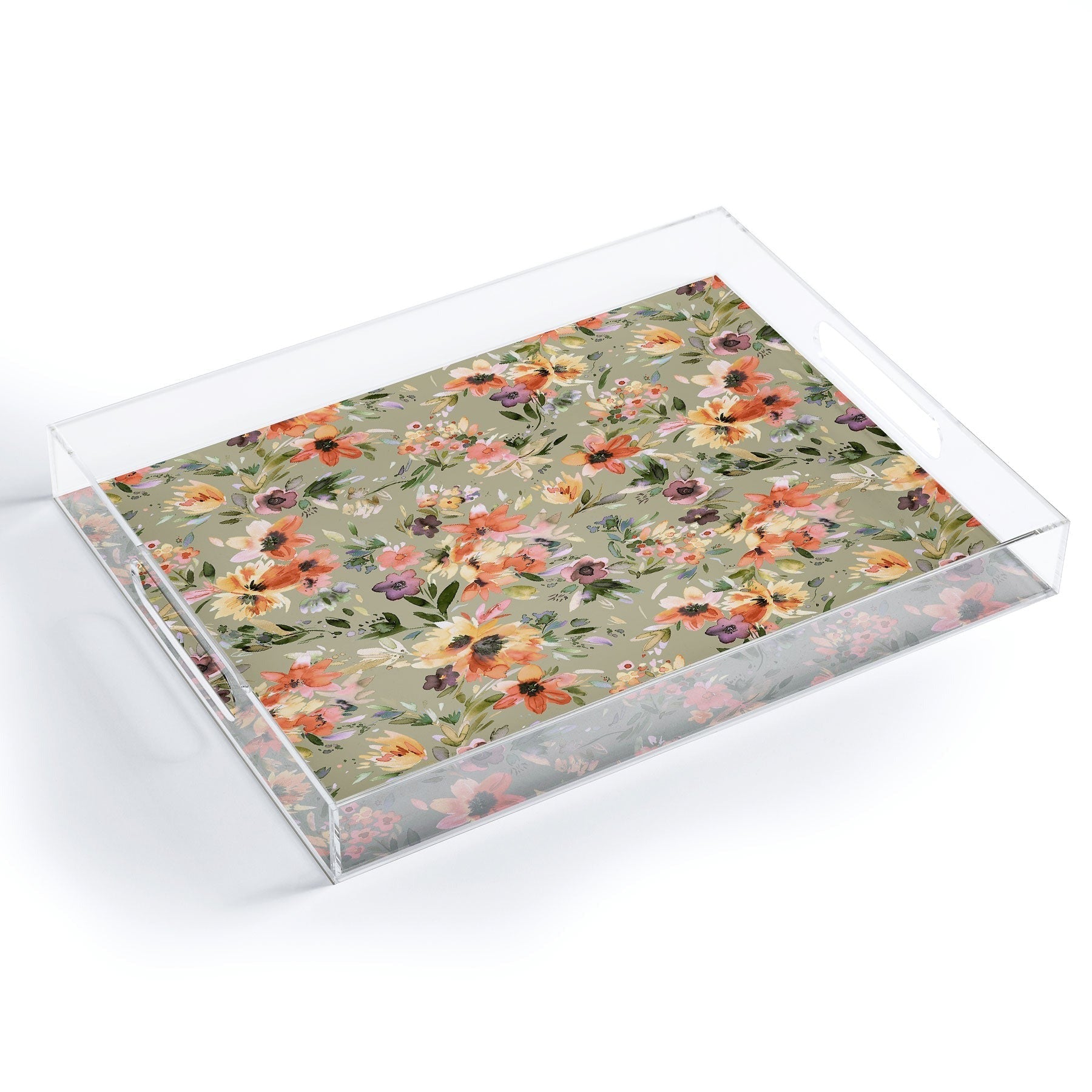 Ninola Design Botanic Retreat Painterly Tropical Flowers Sage Green Acrylic Tray