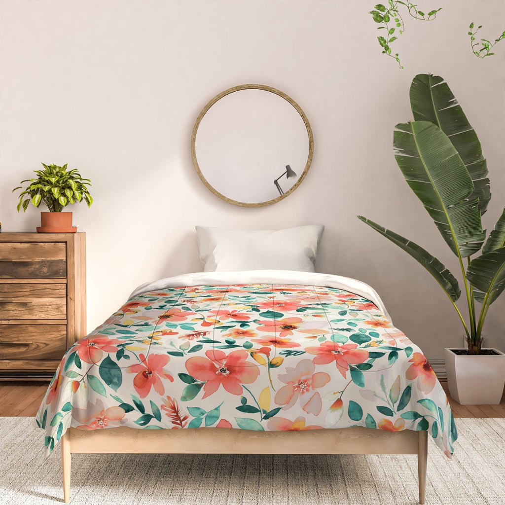 Ninola Design Botanic Retreat Tropical Whimsical Flowers Coral Green Comforter