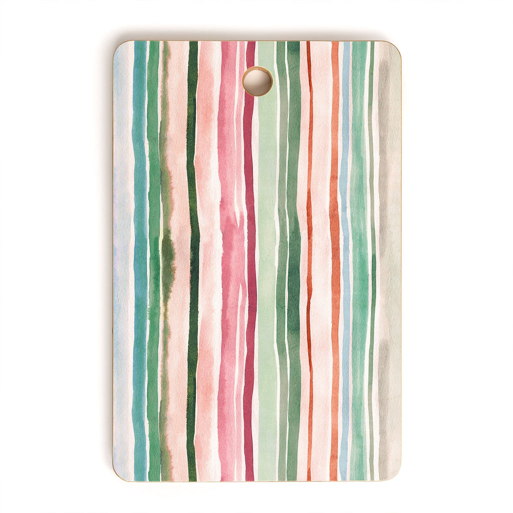 Ninola Design Botanic Retreat Watercolor Stripes Green Orange Red Cutting Board Rectangle