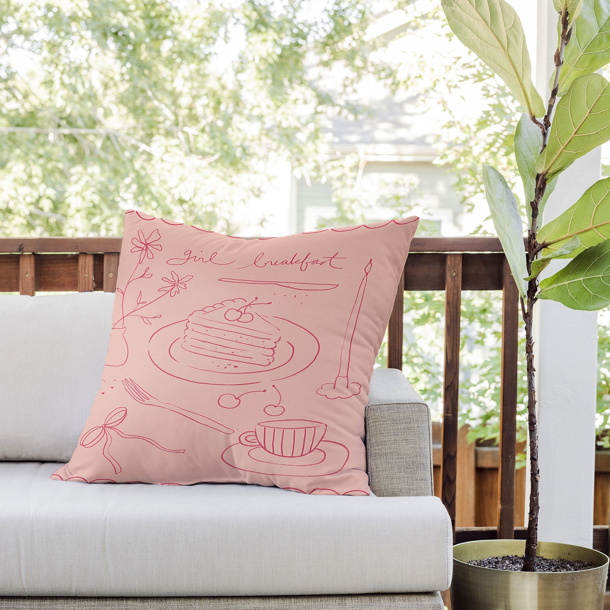 DENY Designs girl breakfast Outdoor Throw Pillow