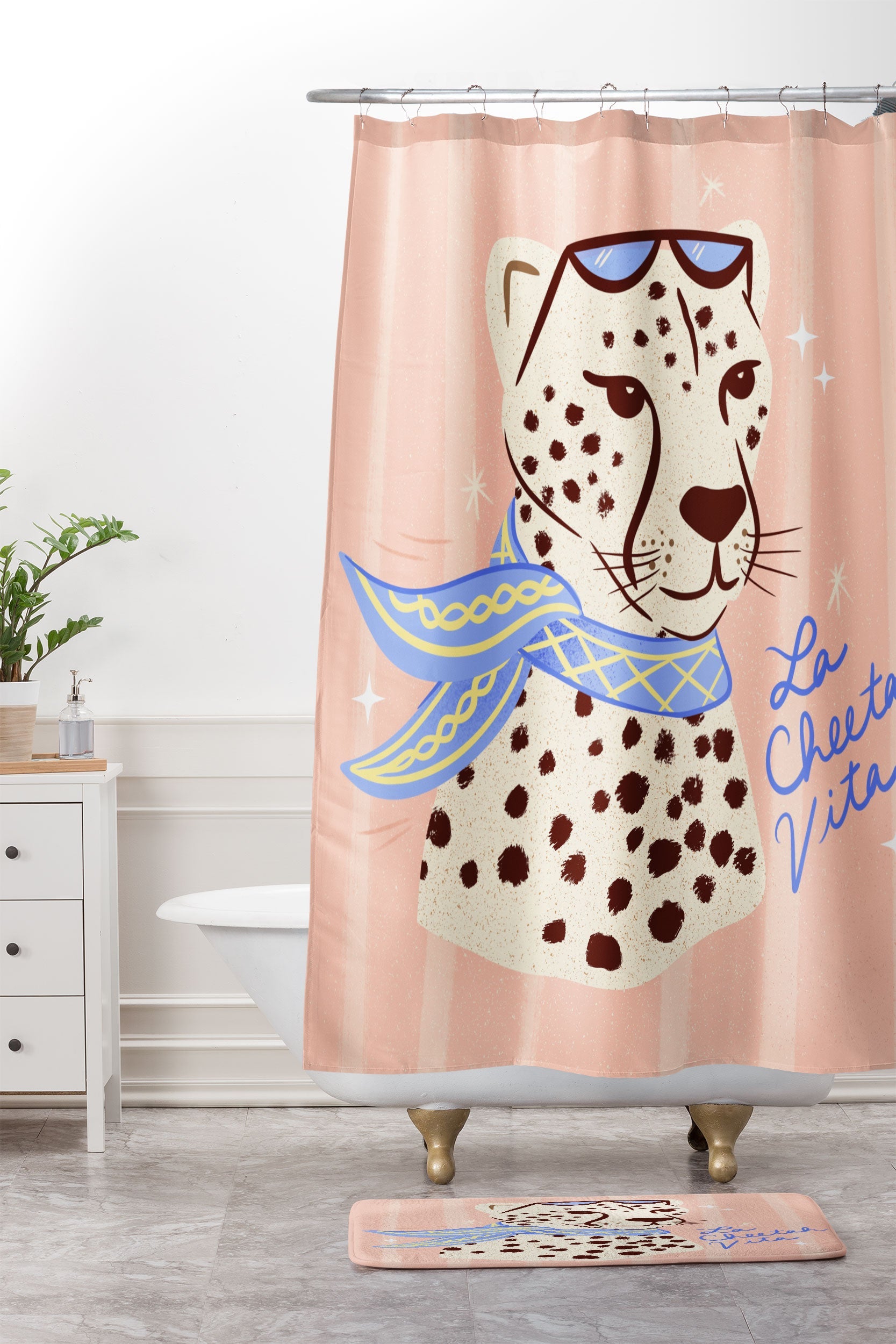 Design by Spark La Cheetah Vita Shower Curtain And Mat