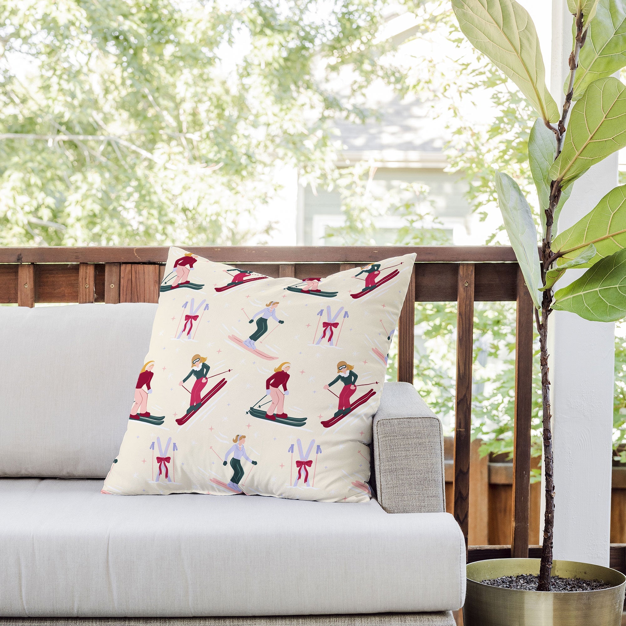 Design by Spark Retro Ski Girls Outdoor Throw Pillow