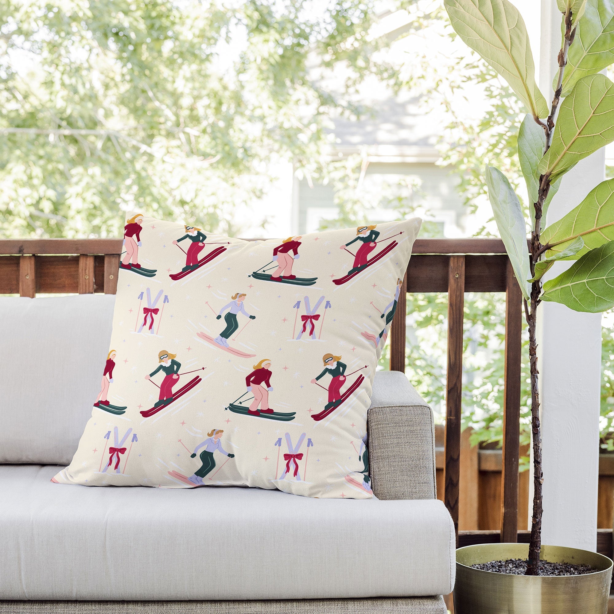 Design by Spark Retro Ski Girls Outdoor Throw Pillow
