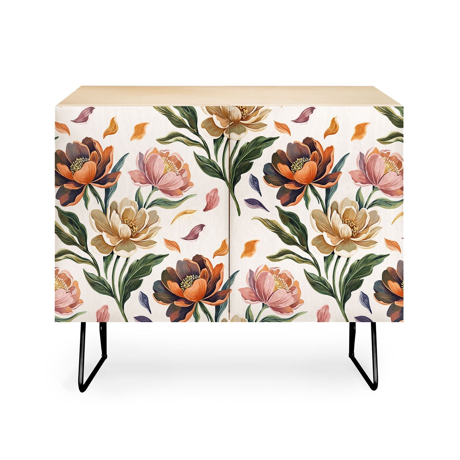 Marta Barragan Camarasa Hand Painted Peony Florals Credenza