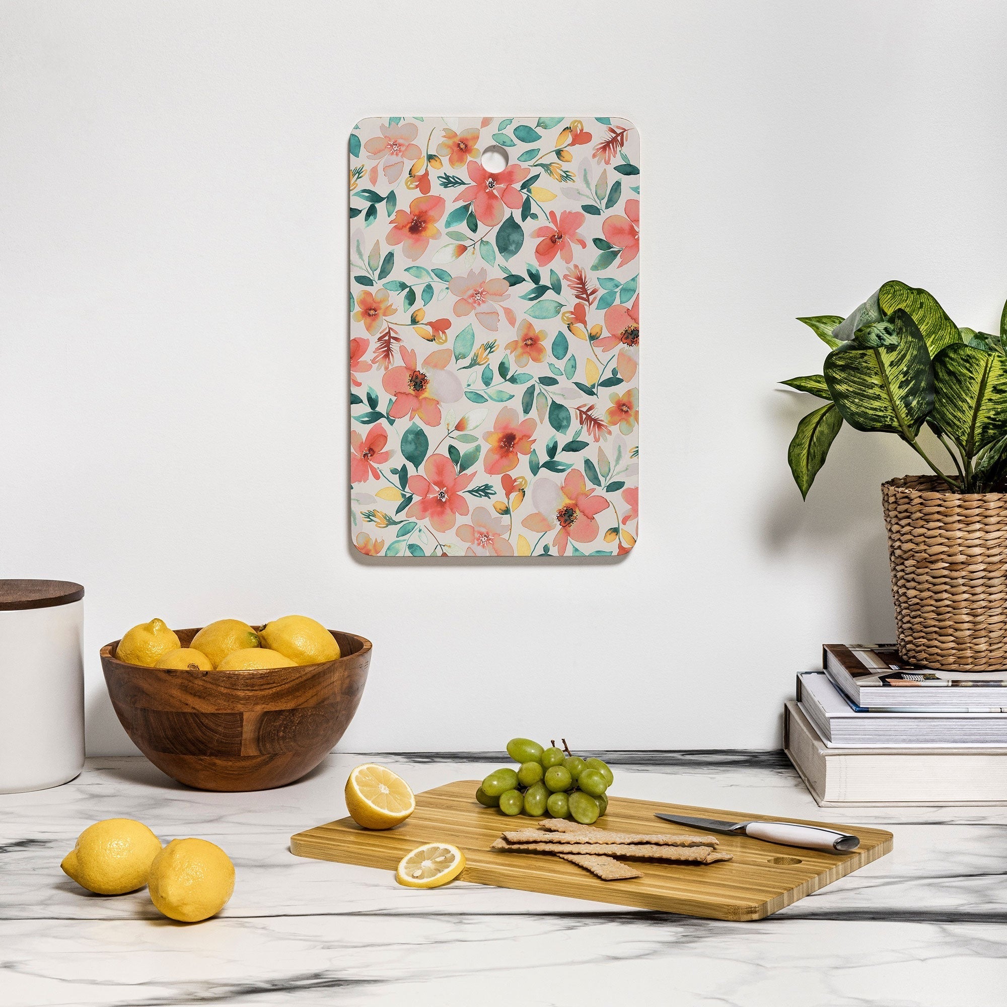 Ninola Design Botanic Retreat Tropical Whimsical Flowers Coral Green Cutting Board Rectangle