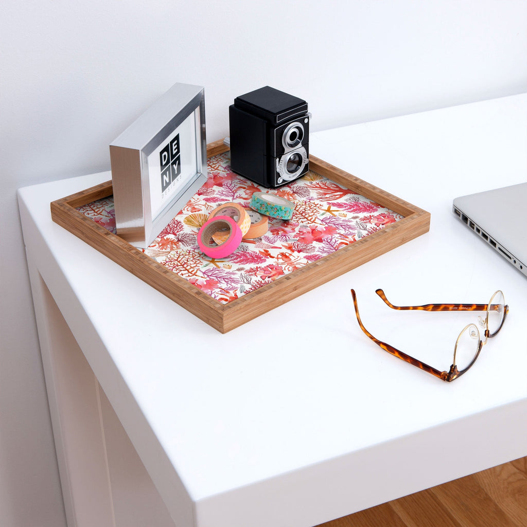 Ninola Design Botanic Retreat Coral Reef Crab Lobster Red Square Tray