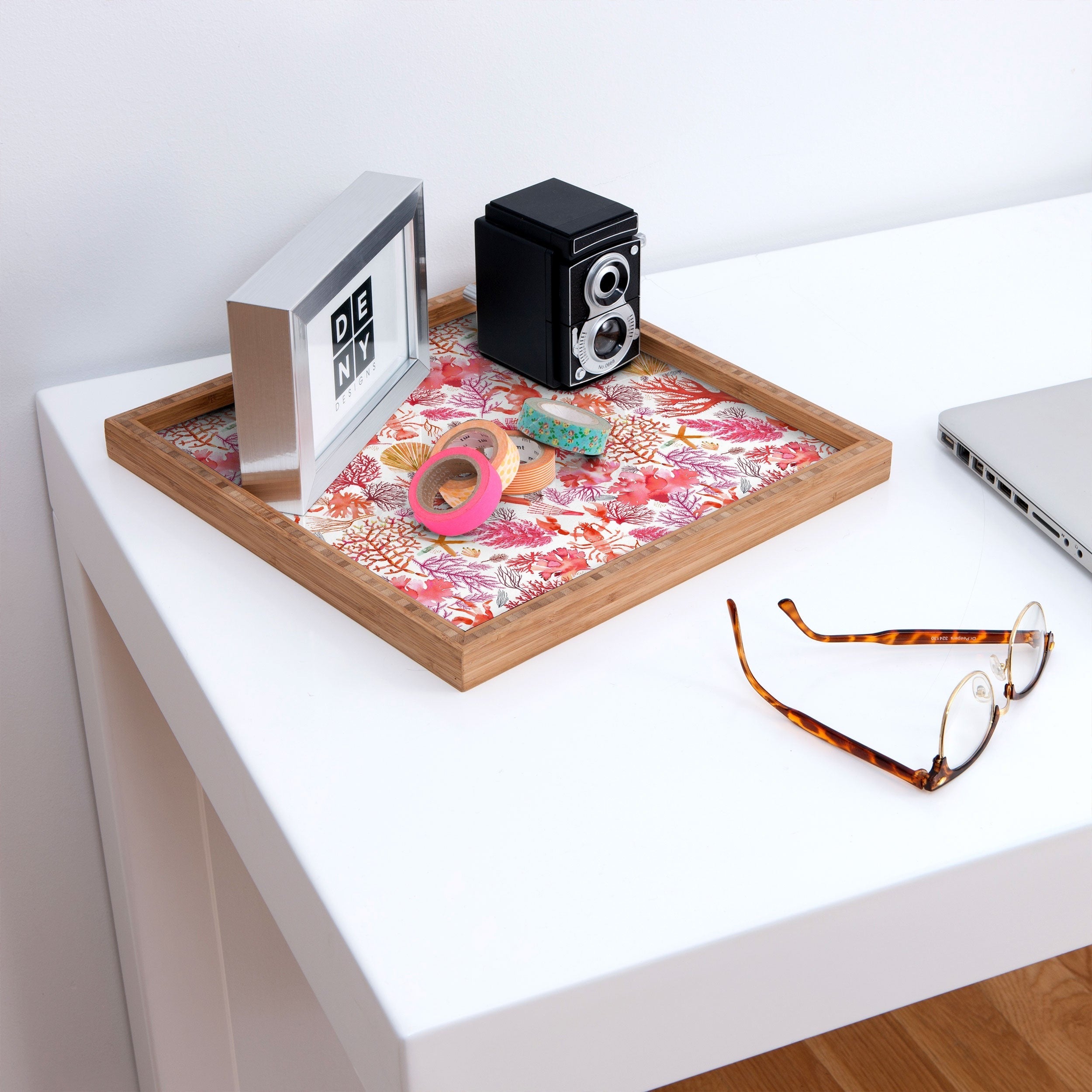 Ninola Design Botanic Retreat Coral Reef Crab Lobster Red Square Tray