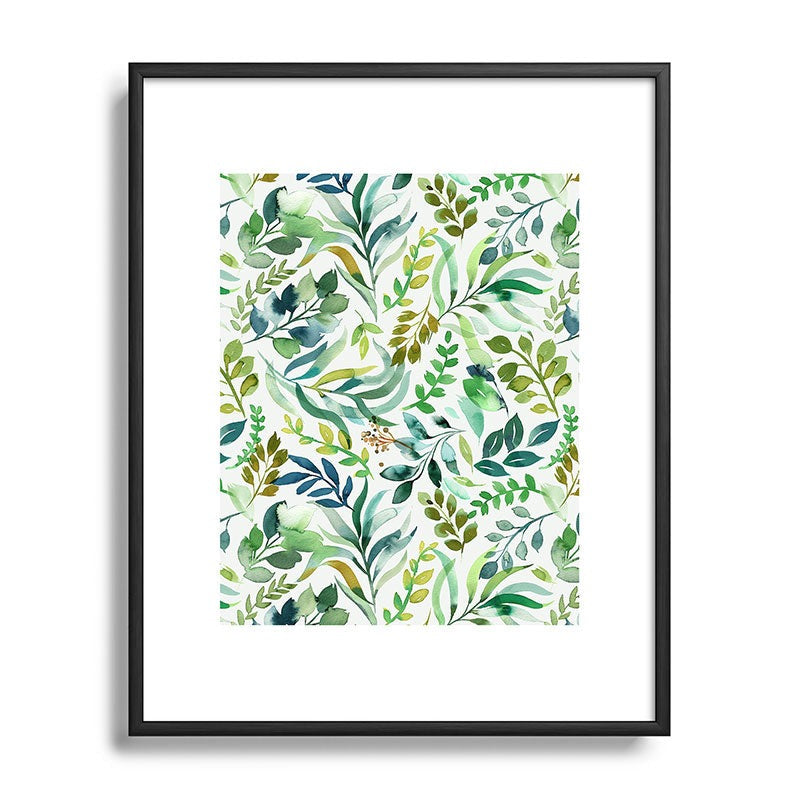Ninola Design Botanic Retreat Loose Botanical Leaves Watercolor Green Metal Framed Art Print