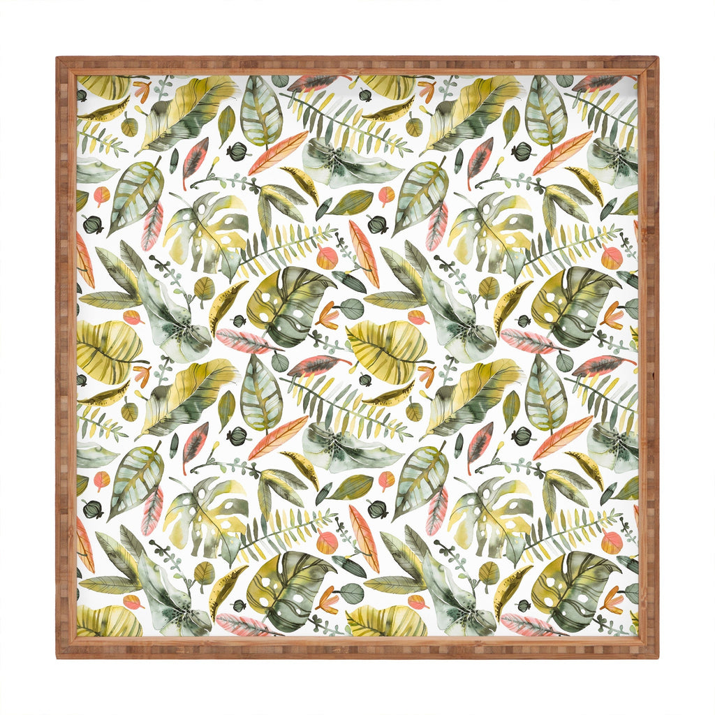 Ninola Design Botanic Retreat Tropical Jungle Leaves Botanical Green Orange Square Tray