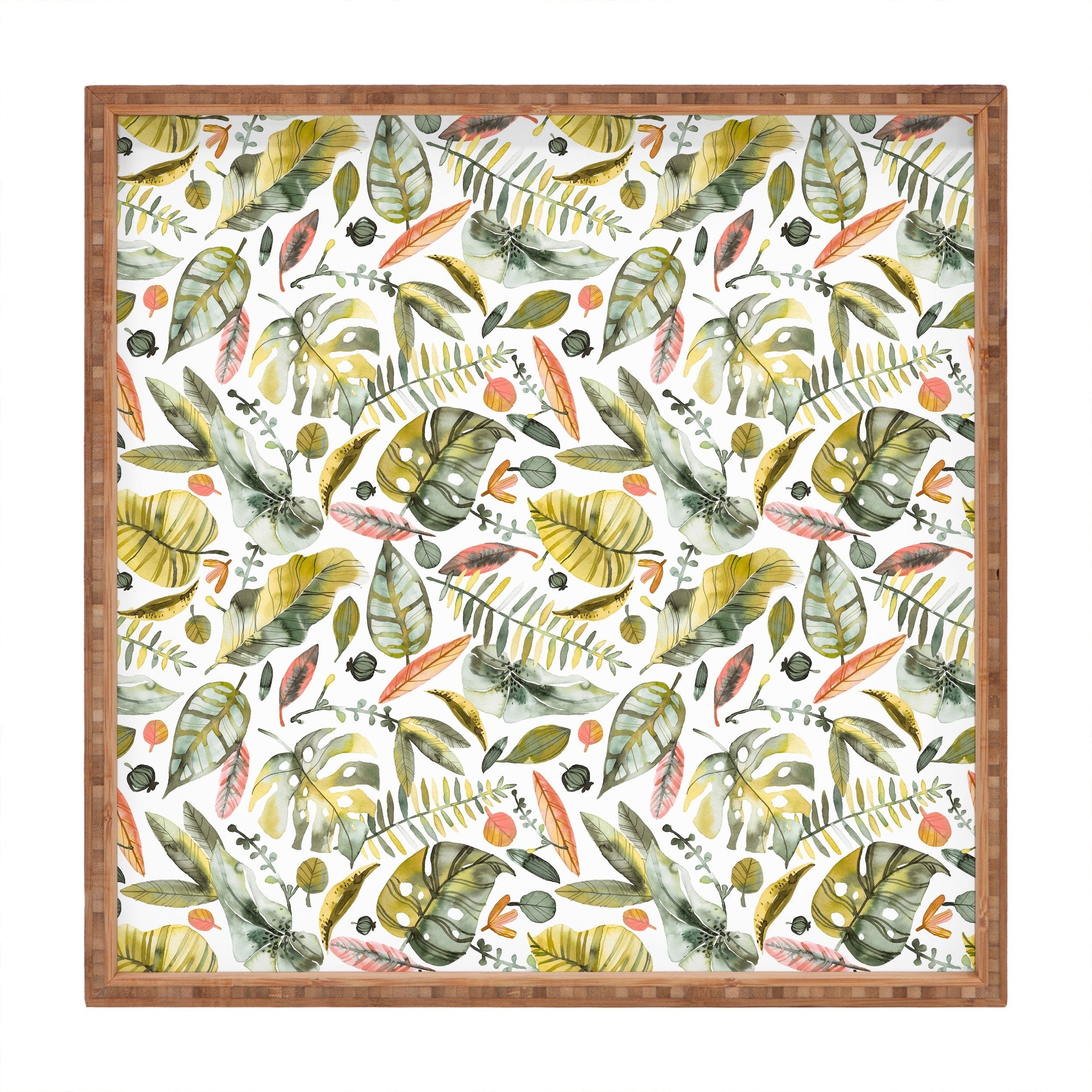 Ninola Design Botanic Retreat Tropical Jungle Leaves Botanical Green Orange Square Tray