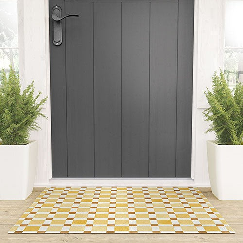 Ninola Design Everyday Artifact Checker Mosaic Tiles Geometry Yellow Welcome Mat